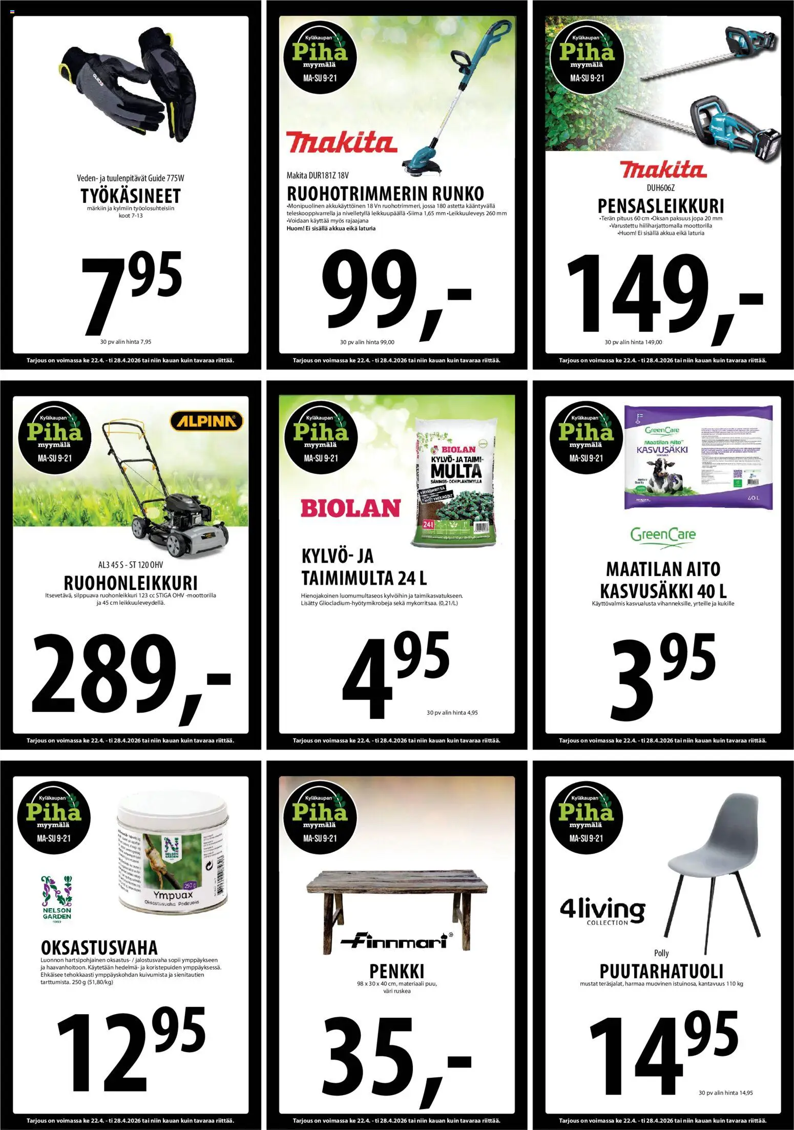 Tuuri tarjoukset – voimassa 22.04.2026 alkaen | Sivu: 27 | Tuotteet: Ruohonleikkuri, Penkki, Pensasleikkuri, Työkäsineet