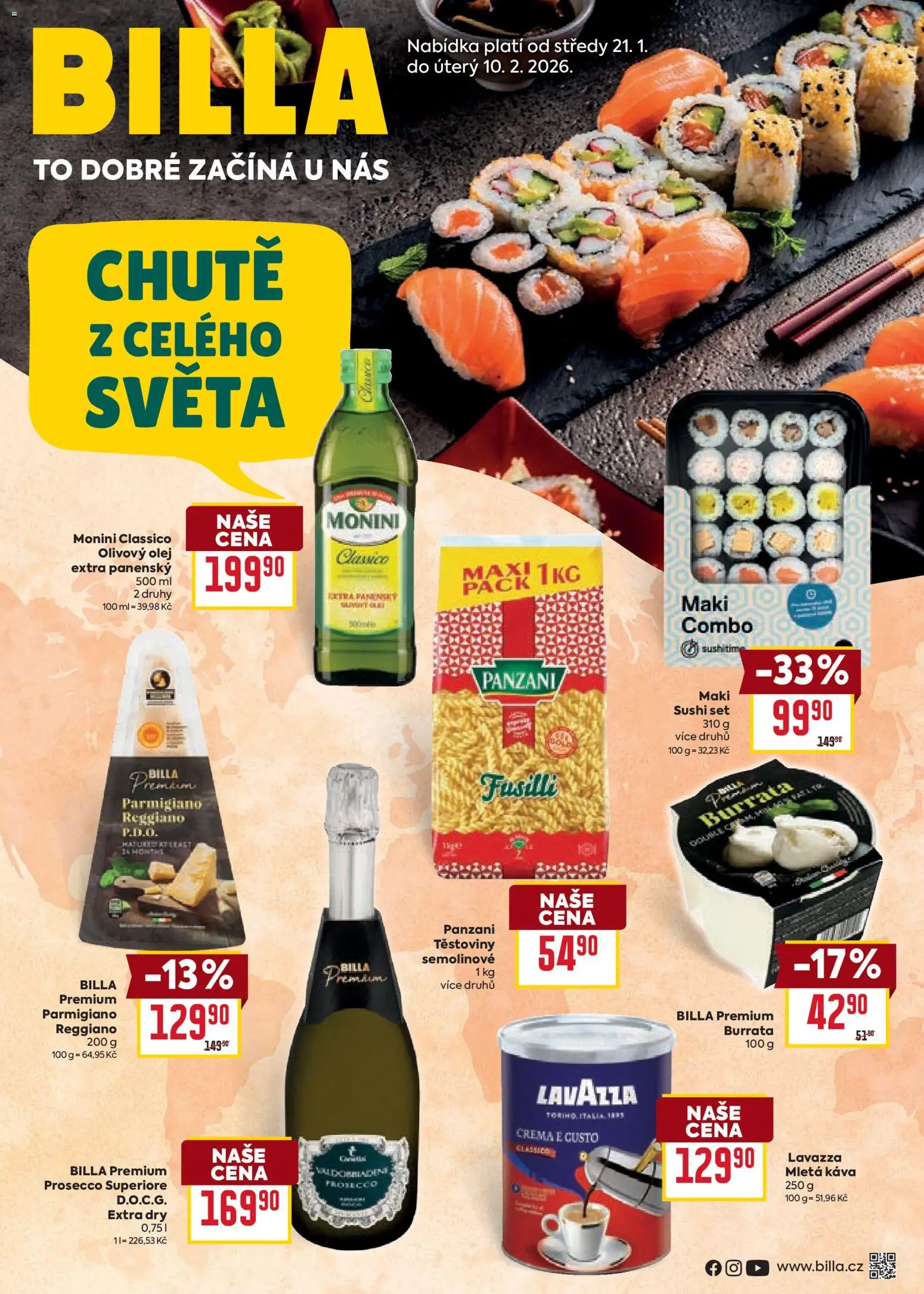 Billa leták - Chutě světa od 21.01.2026 | Strana: 1 | Produkty: Olej, Těstoviny, Sushi, Mletá káva