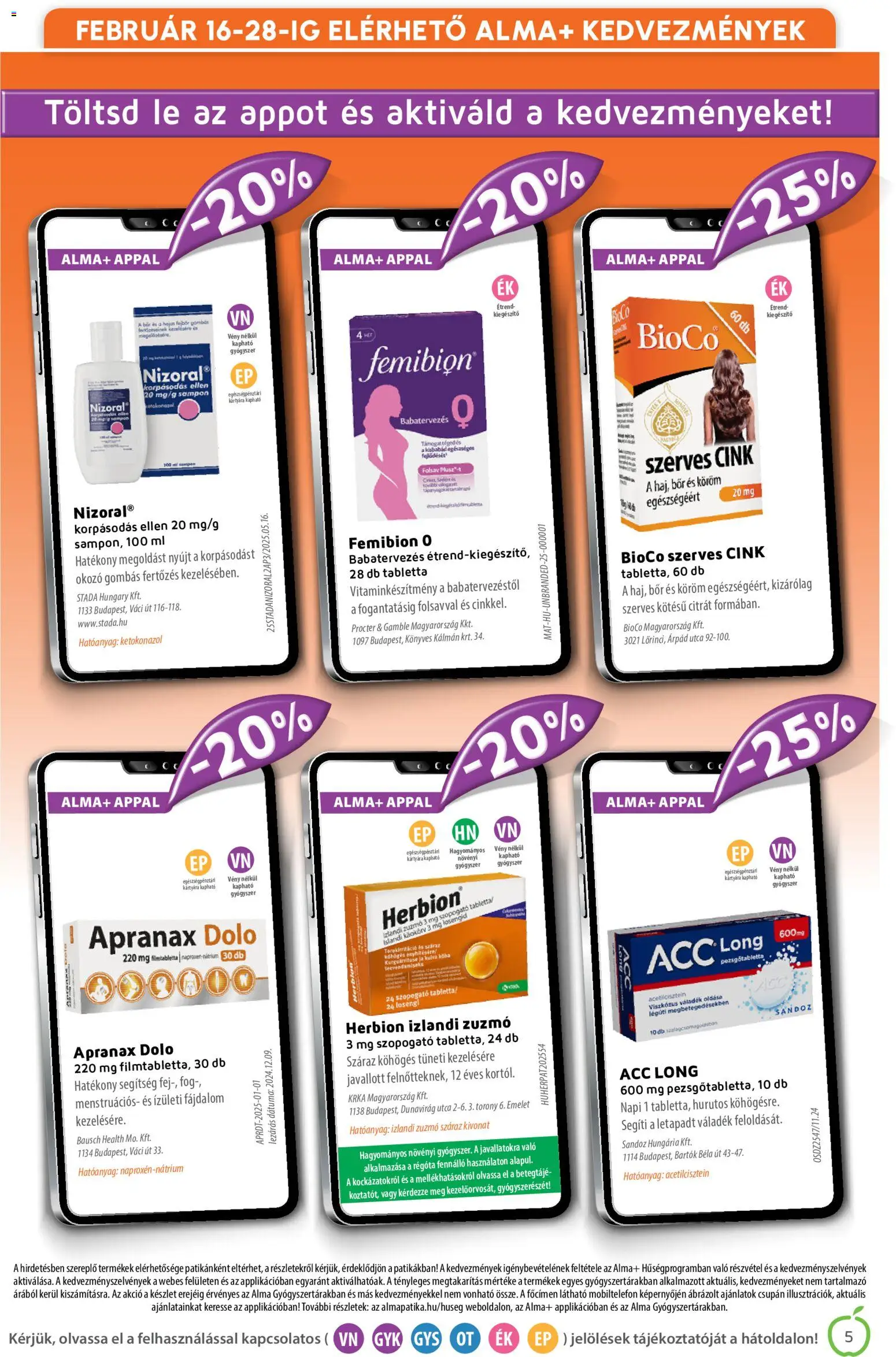 Alma Gyógyszertárak akciós ujság - amely érvényes a következő dátumtól: 01.02.2026 | Oldal: 5 | Termékek: Pezsgőtabletta, Sampon, Bor, Alma