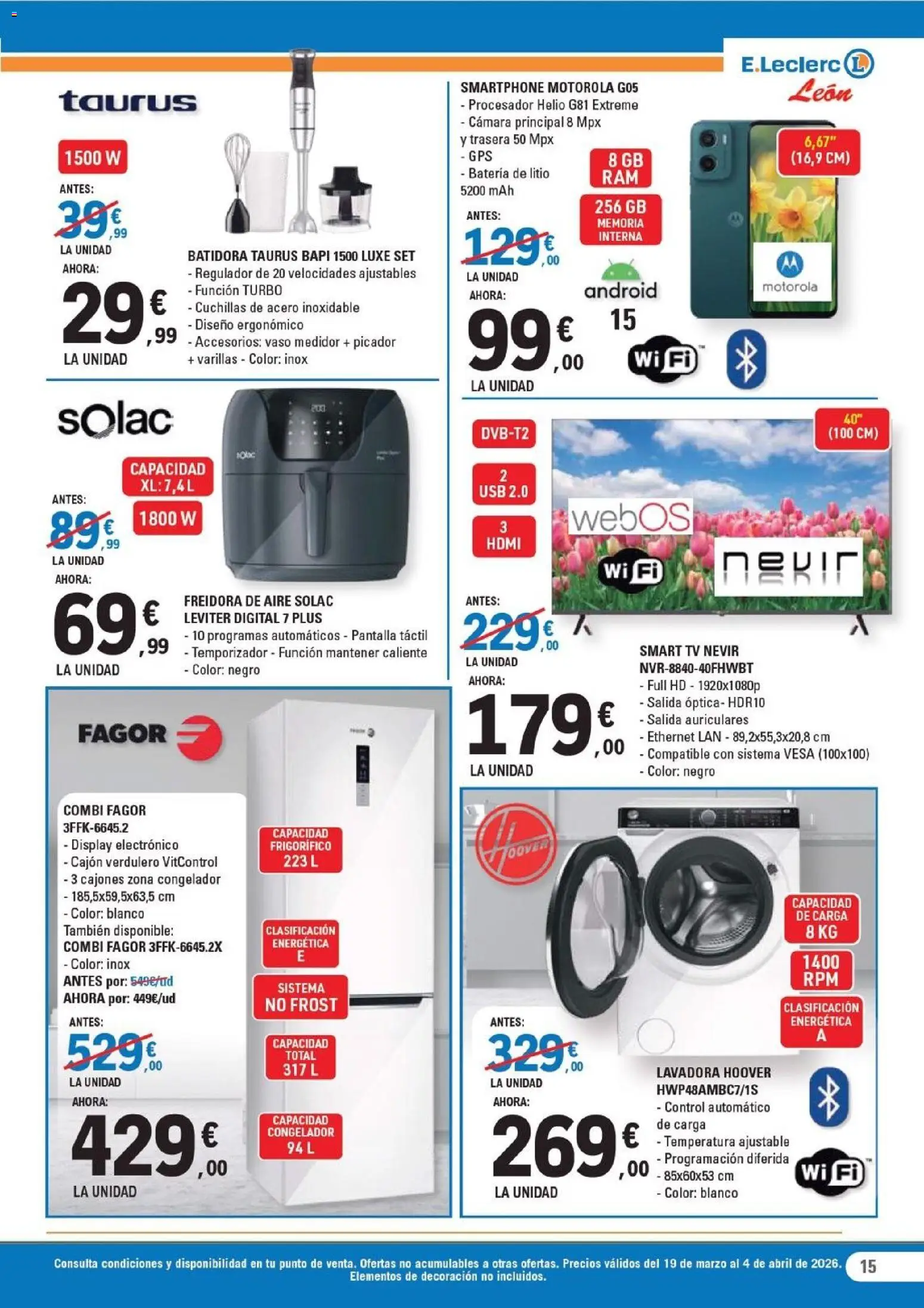 E.Leclerc - León │ válido desde el 19.03.2026 | Página: 15 | Productos: Auriculares, Lavadora, Batidora, Batería