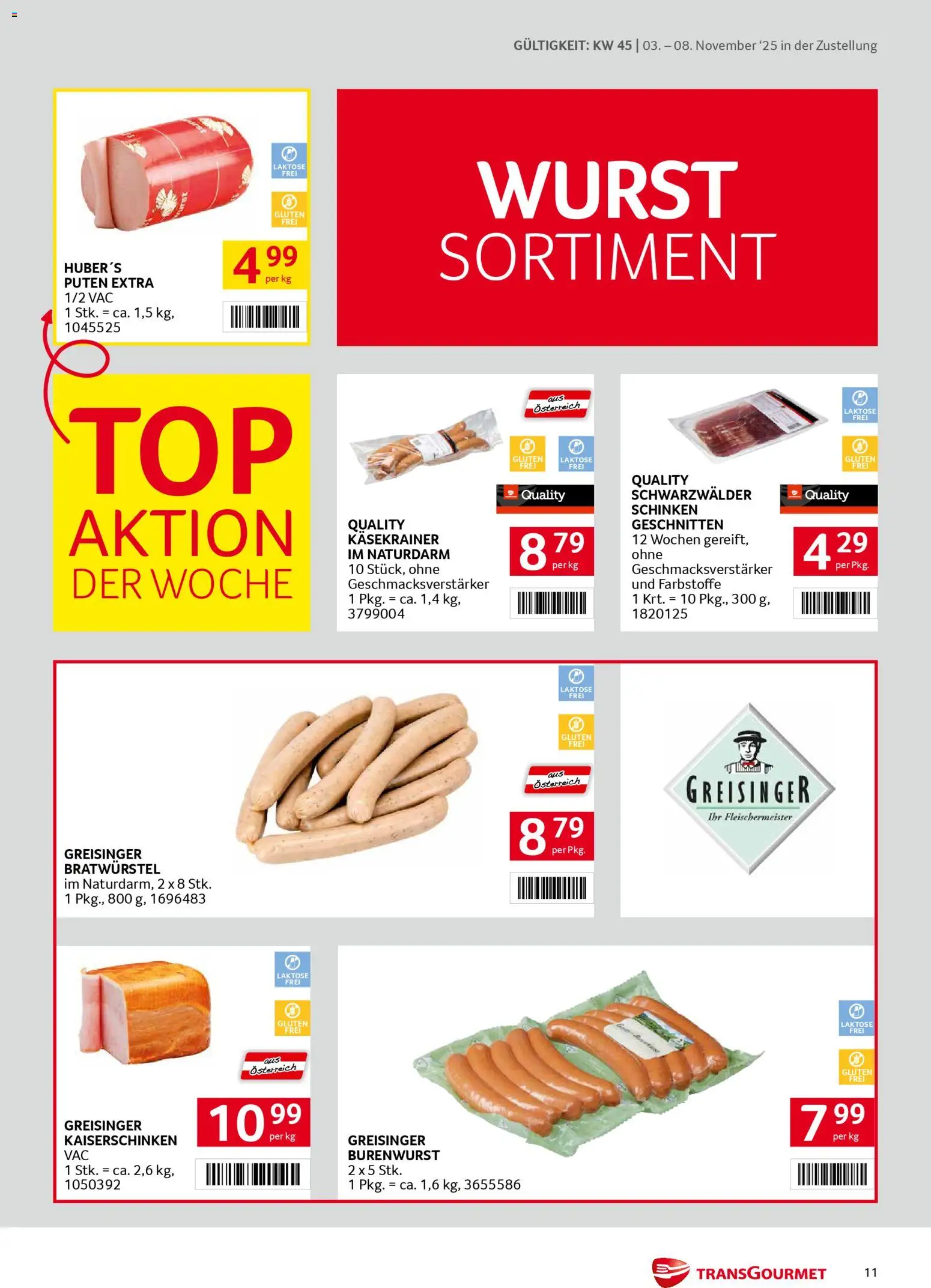 Transgourmet Zustellaktion gültig ab 03.11.2025 | Seite: 11 | Produkte: Wurst, Schinken