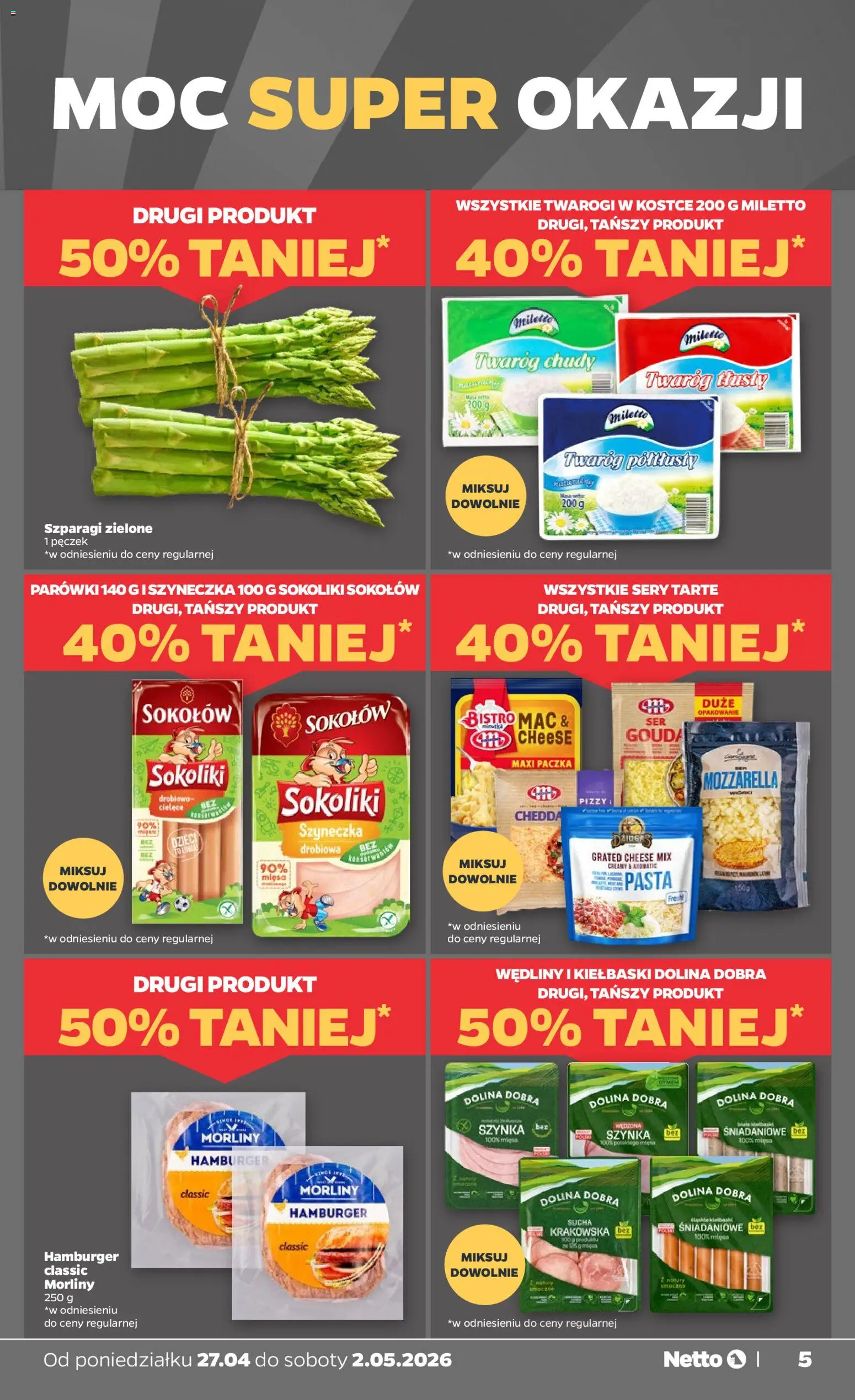 Netto gazetka od poniedziałku spożywcza od 27.04.2026 | Strona: 5 | Produkty: Twaróg chudy, Szparagi, Sery, Mozzarella