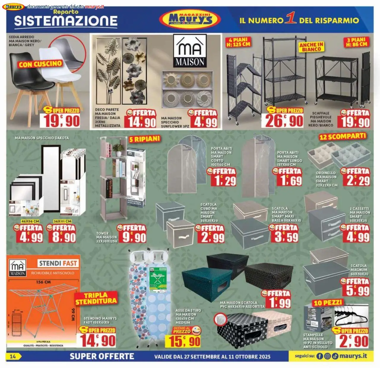 Volantino Maury's del 27.09.2025 | Pagina: 14 | Prodotti: Abiti, Cuscino, Sedia, Scatola