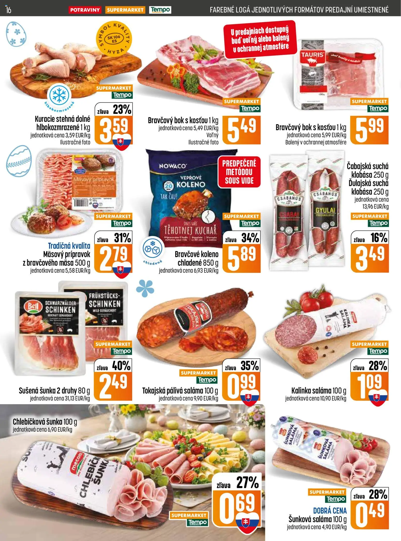 Nové COOP Jednota akcie – leták je platný od 19.03.2026 | Strana: 16 | Produkty: Saláma, Šunka, Klobása, Kuracie stehná