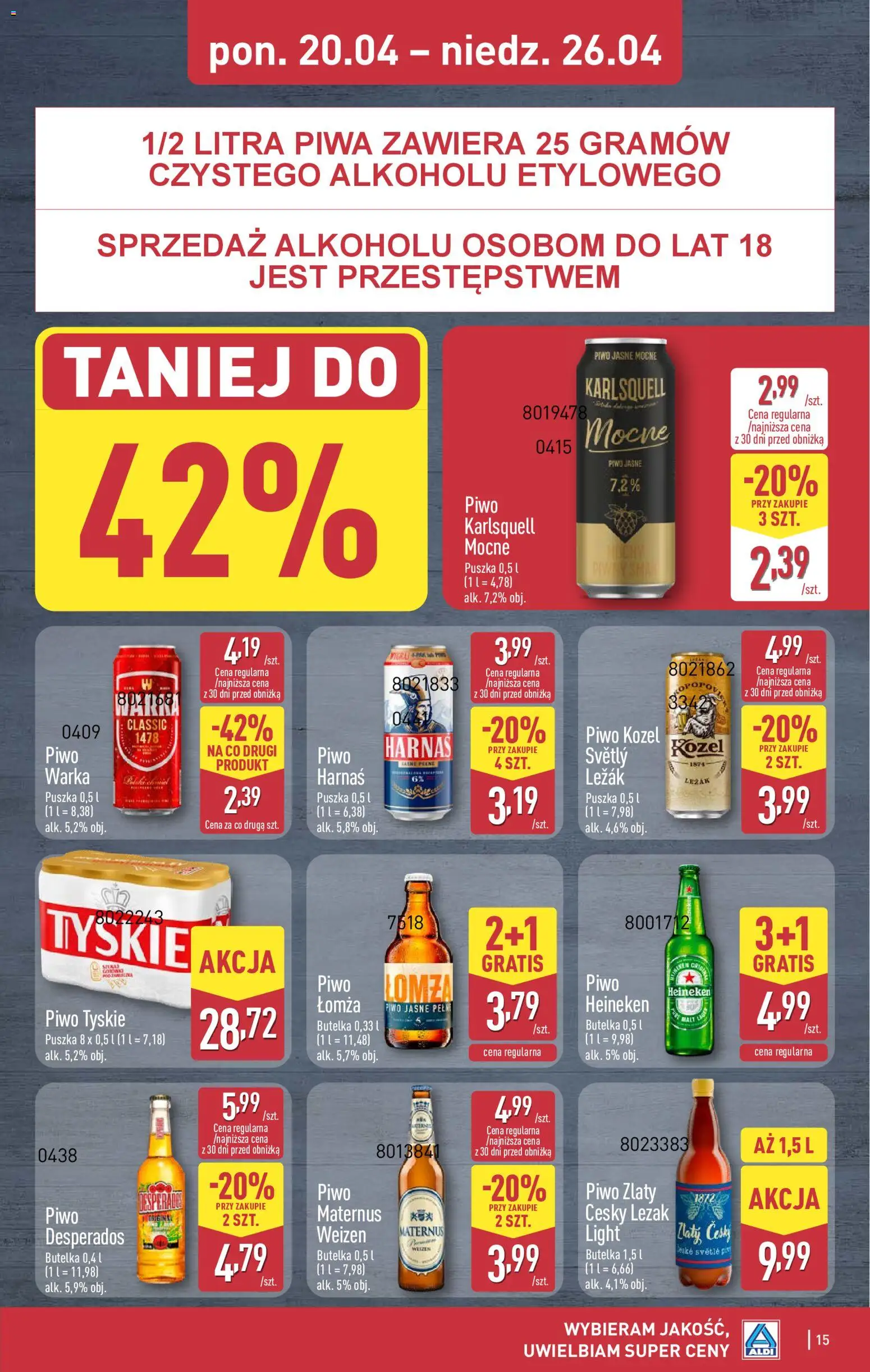 Aldi gazetka od 20.04.2026 | Strona: 15 | Produkty: Harnaś, Piwo, Piwo kozel, Heineken