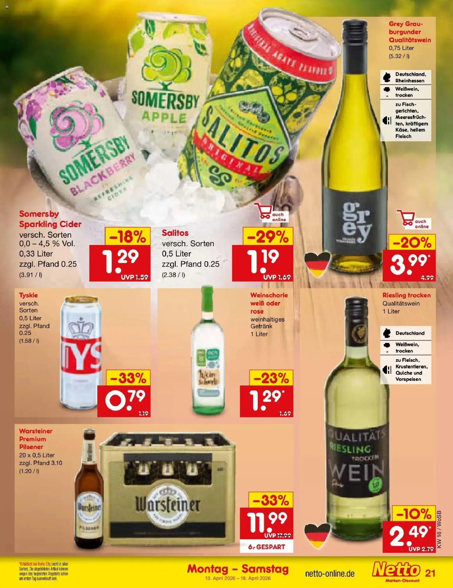 Netto Marken-Discount Prospekt Mannheim	 – gültig ab 13.04.2026 | Seite: 22 | Produkte: Tyskie, Fisch, Weinschorle, Wein