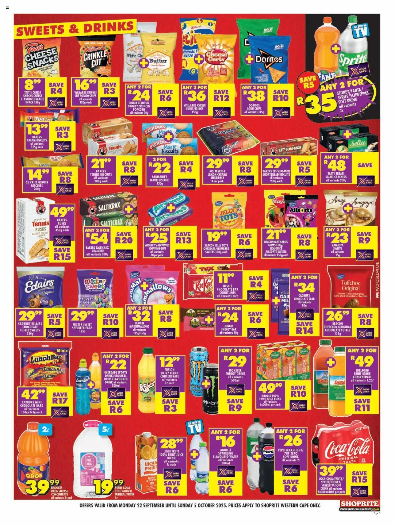 New Shoprite catalogue – valid from 22.09.2025 | Page: 5 | Products: Squash, Fanta, Snacks, Chips