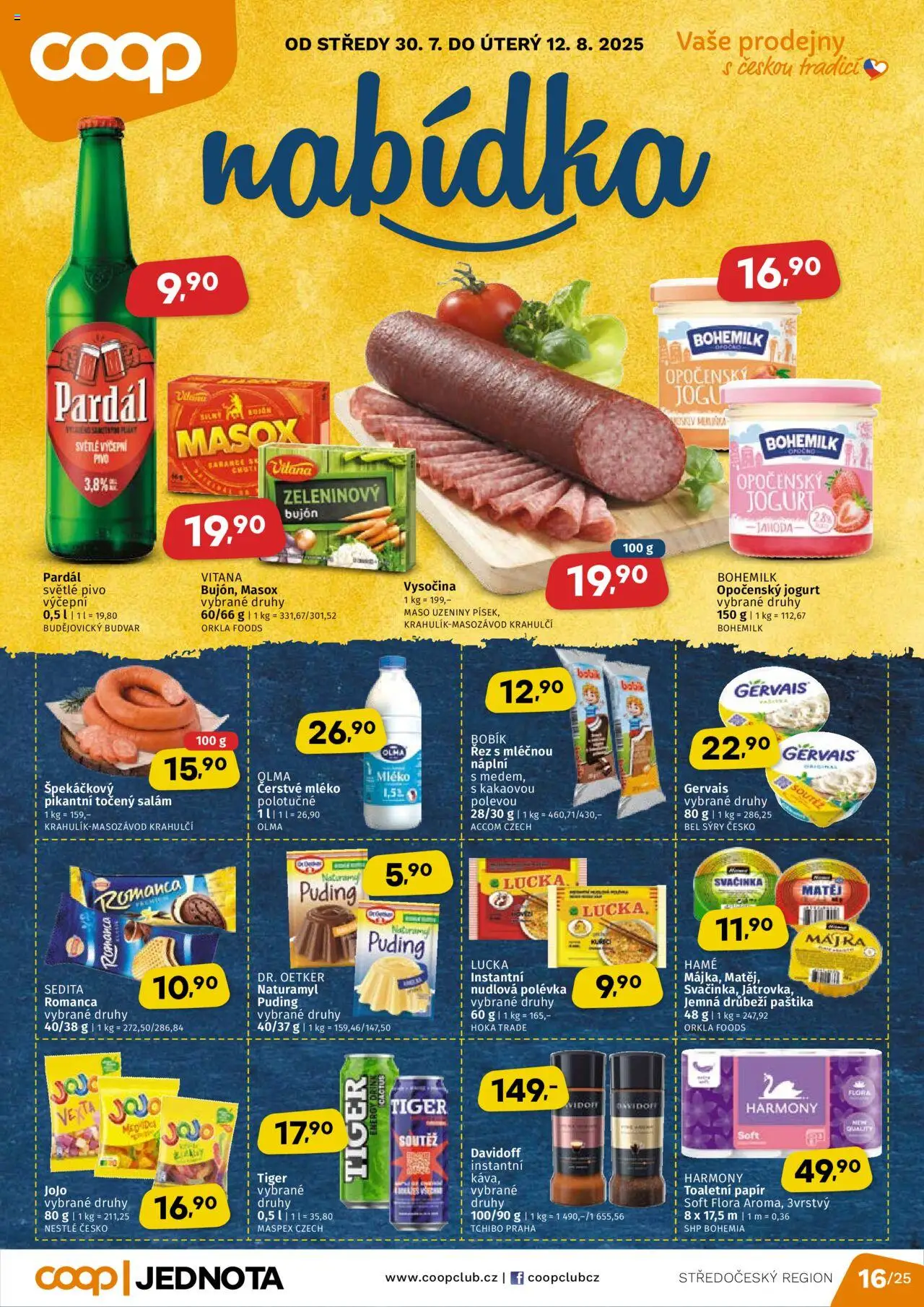 Coop leták - Středočeský region od 30.07.2025 | Strana: 1 | Produkty: Mléko, Tchibo, Točený salám, Gervais