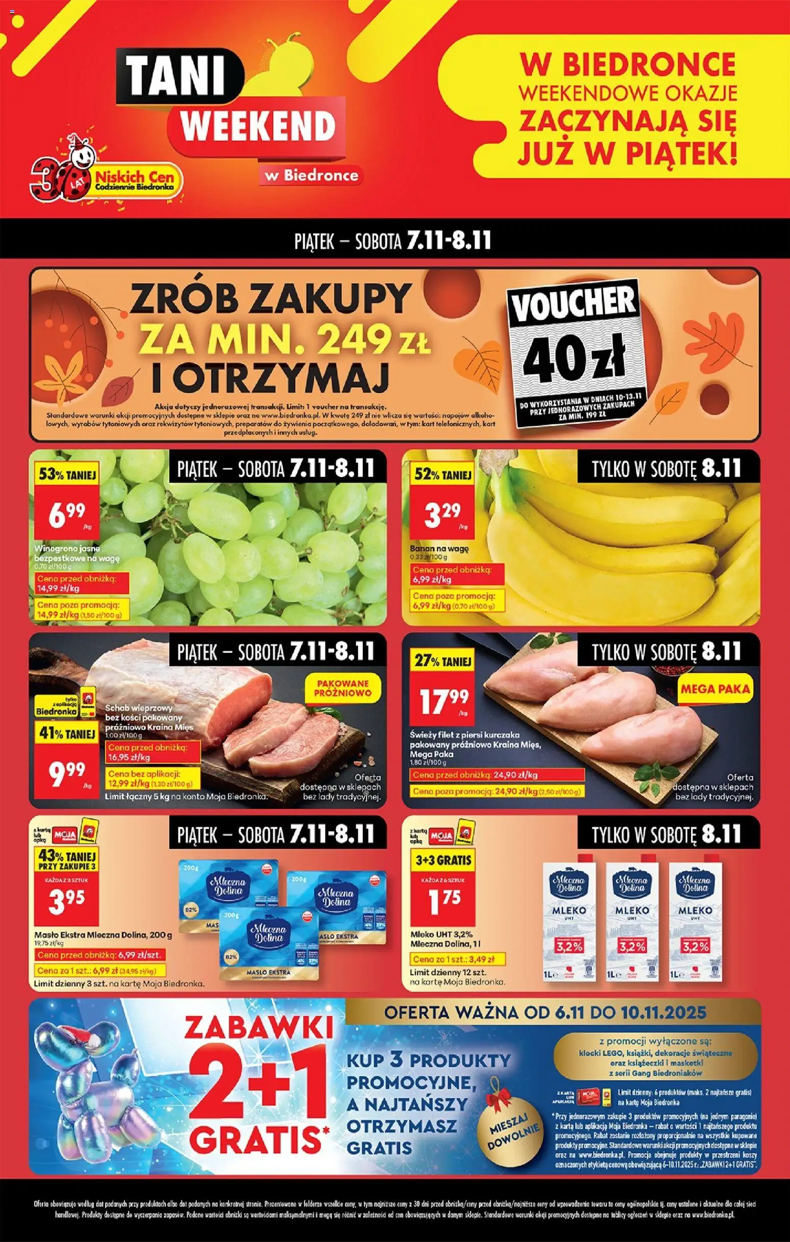 Biedronka gazetka - Tani weekend od 07.11.2025 | Strona: 1 | Produkty: Winogrono, Schab, Kraina mięs, Banan