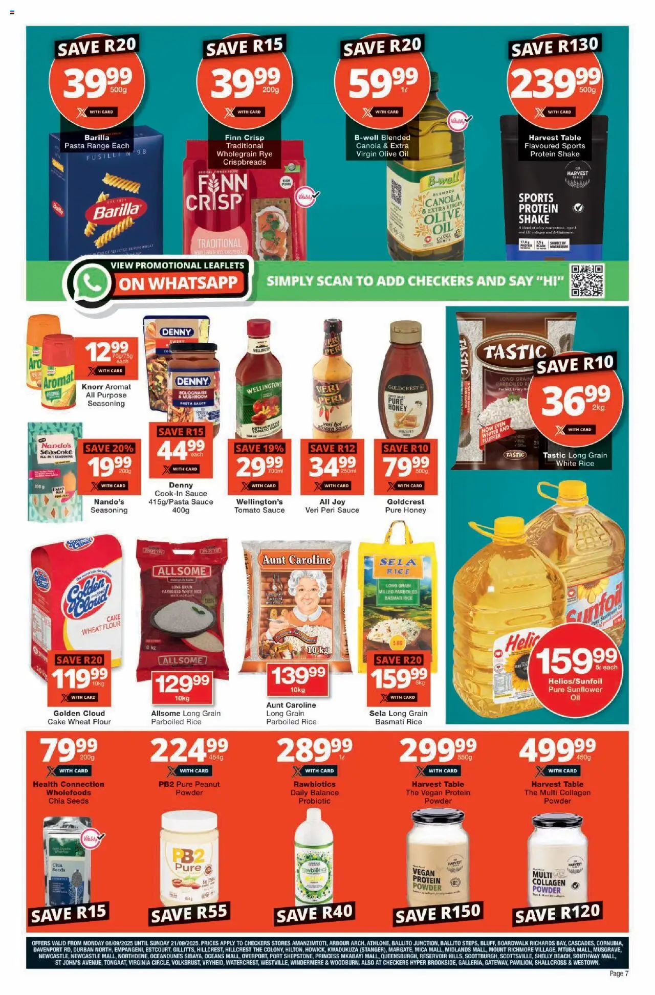 New Checkers catalogue – valid from 08.09.2025 | Page: 7 | Products: Table, Detergente líquido, Pasta sauce, Aromat