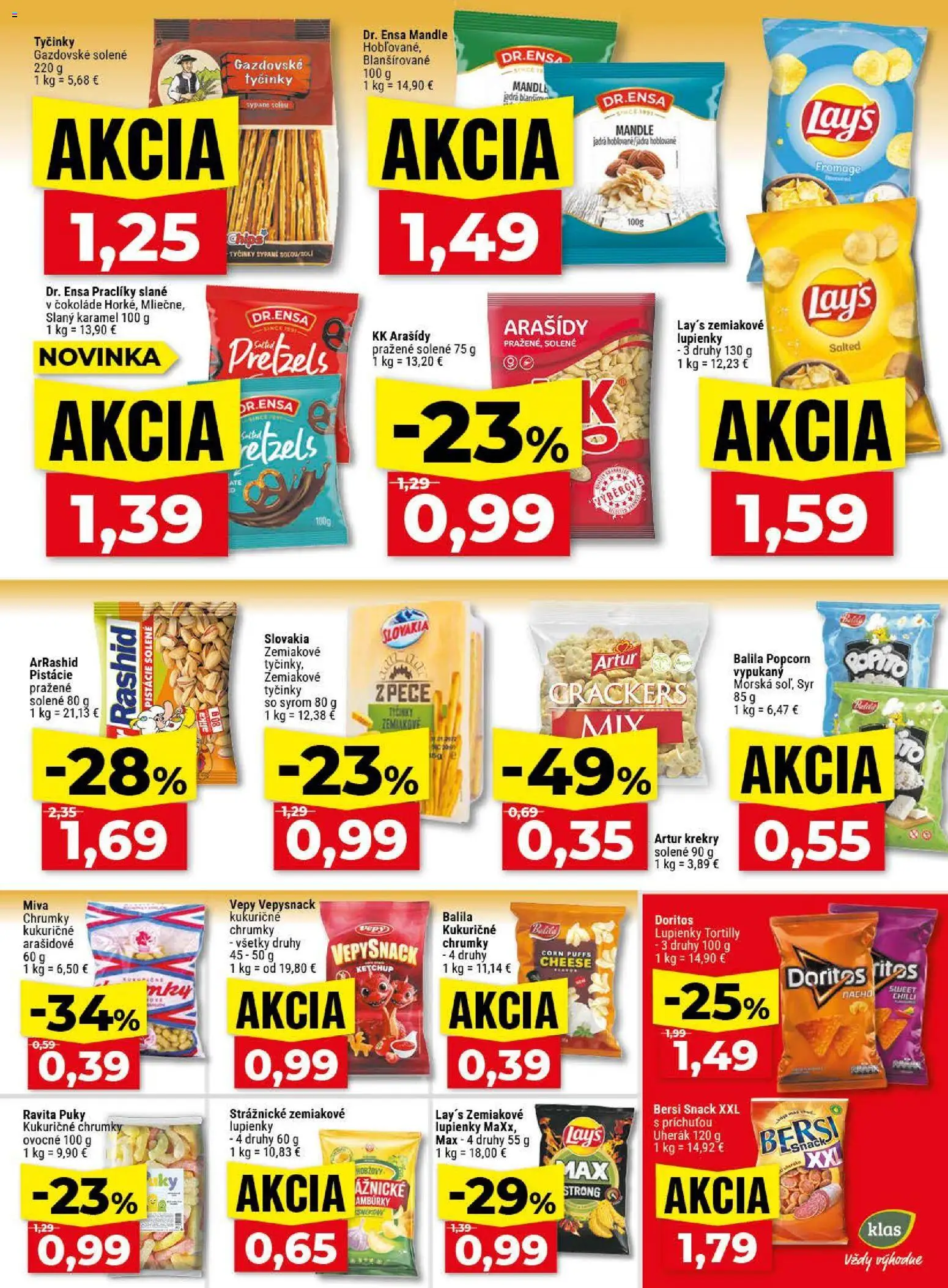 Nové Klas akcie – leták je platný od 13.04.2026 | Strana: 20 | Produkty: Syr, Arašidy, Pistácie, Mandle