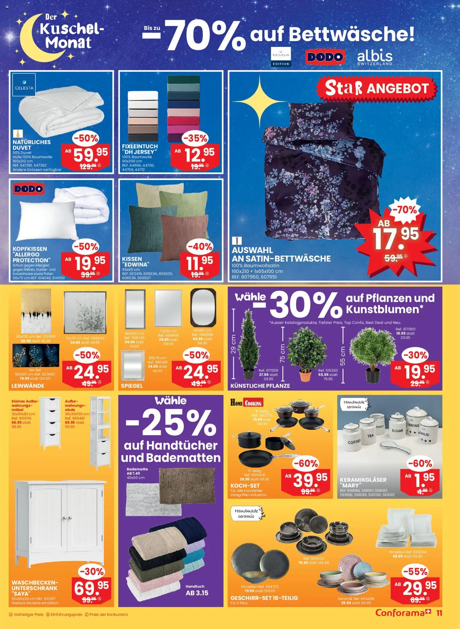 Conforama Aktionen – gültig ab 31.12.2025 | Seite: 11 | Produkte: Kopfkissen, Spiegel, Unterschrank, Bettwäsche