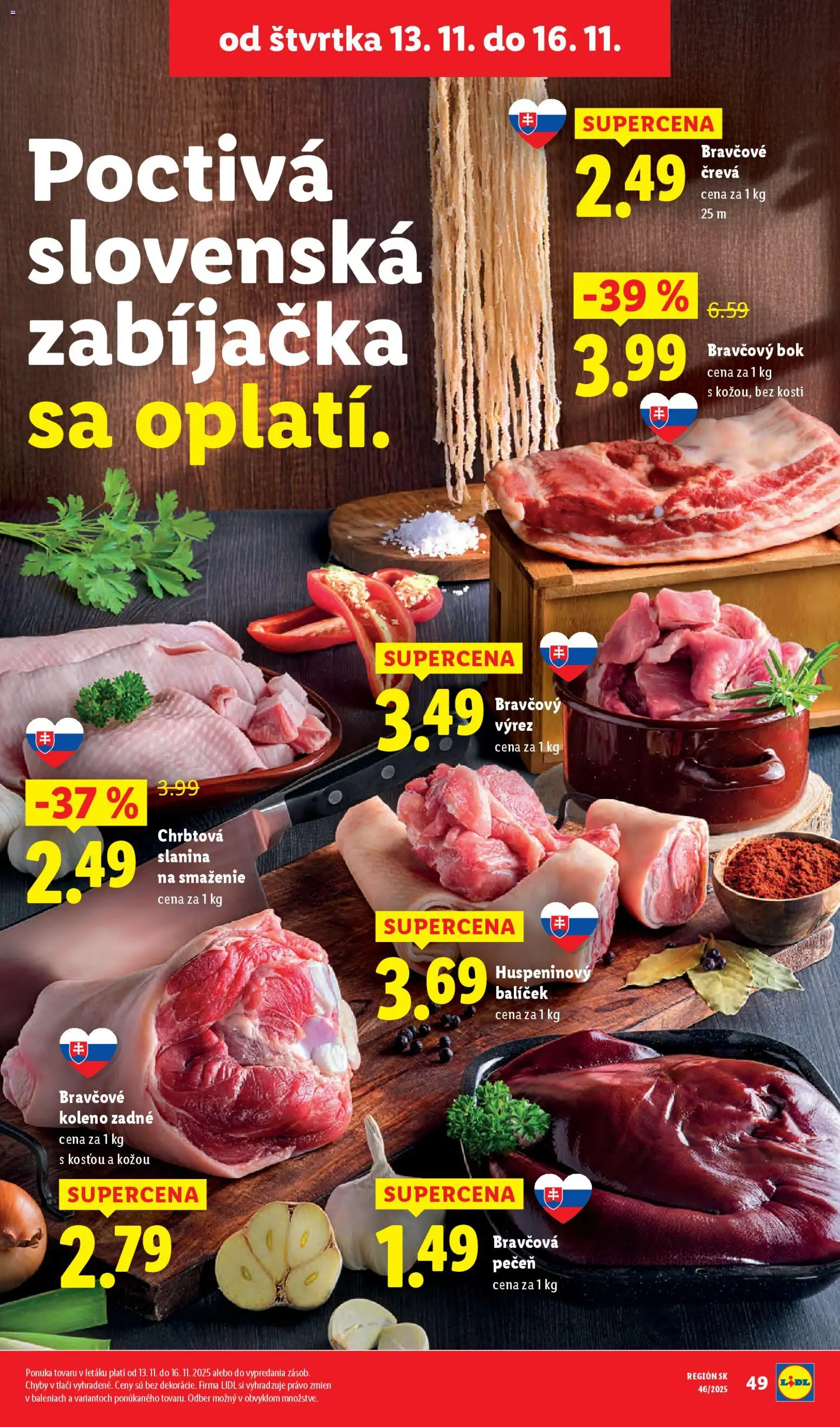 Nové Lidl akcie – leták je platný od 13.11.2025 | Strana: 19 | Produkty: Slanina, Bravčové koleno