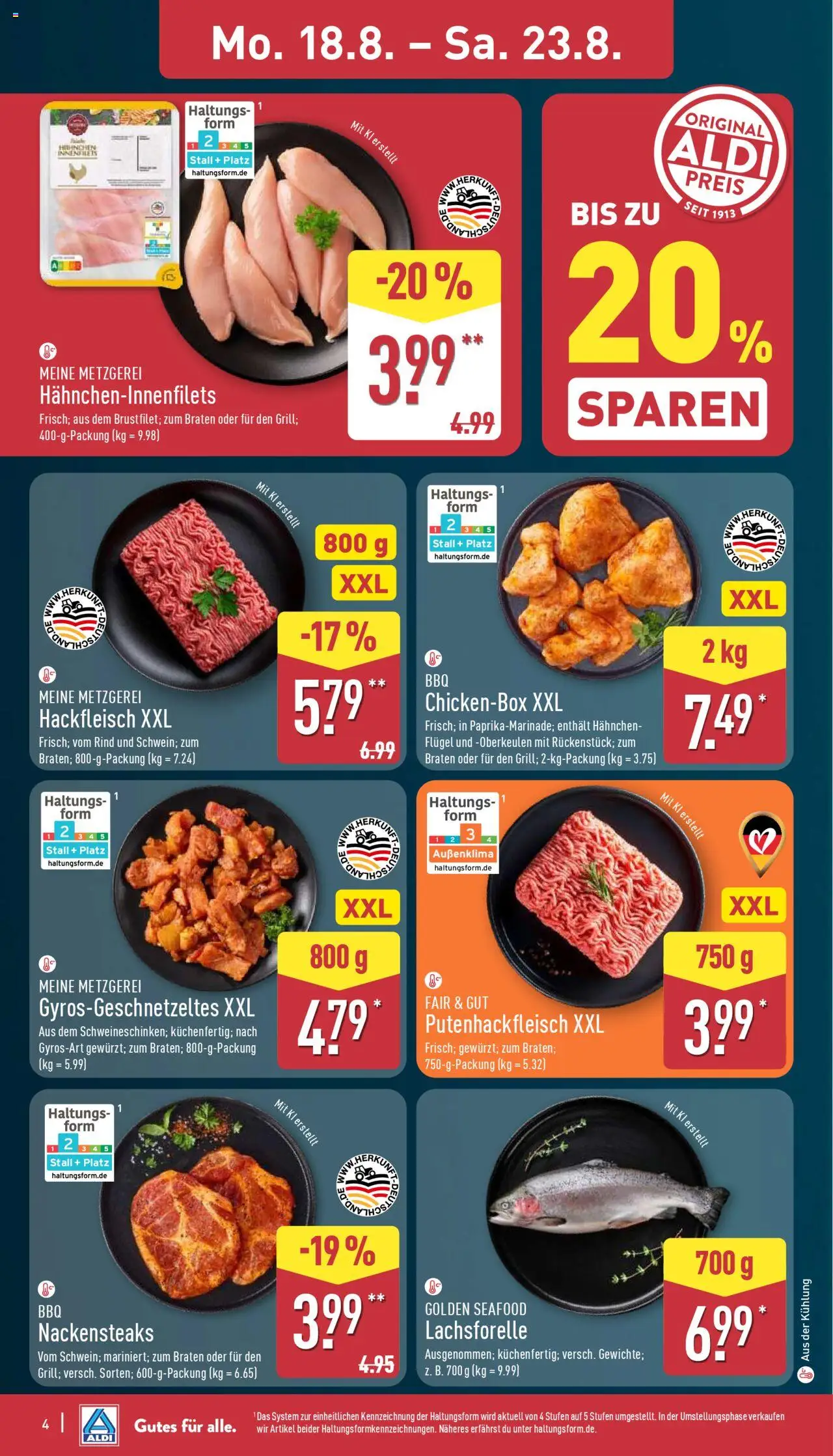 Aldi Prospekt 	 - gültig ab dem 18.08.2025 | Seite: 4 | Produkte: Nackensteaks, Hahnchen, Hackfleisch