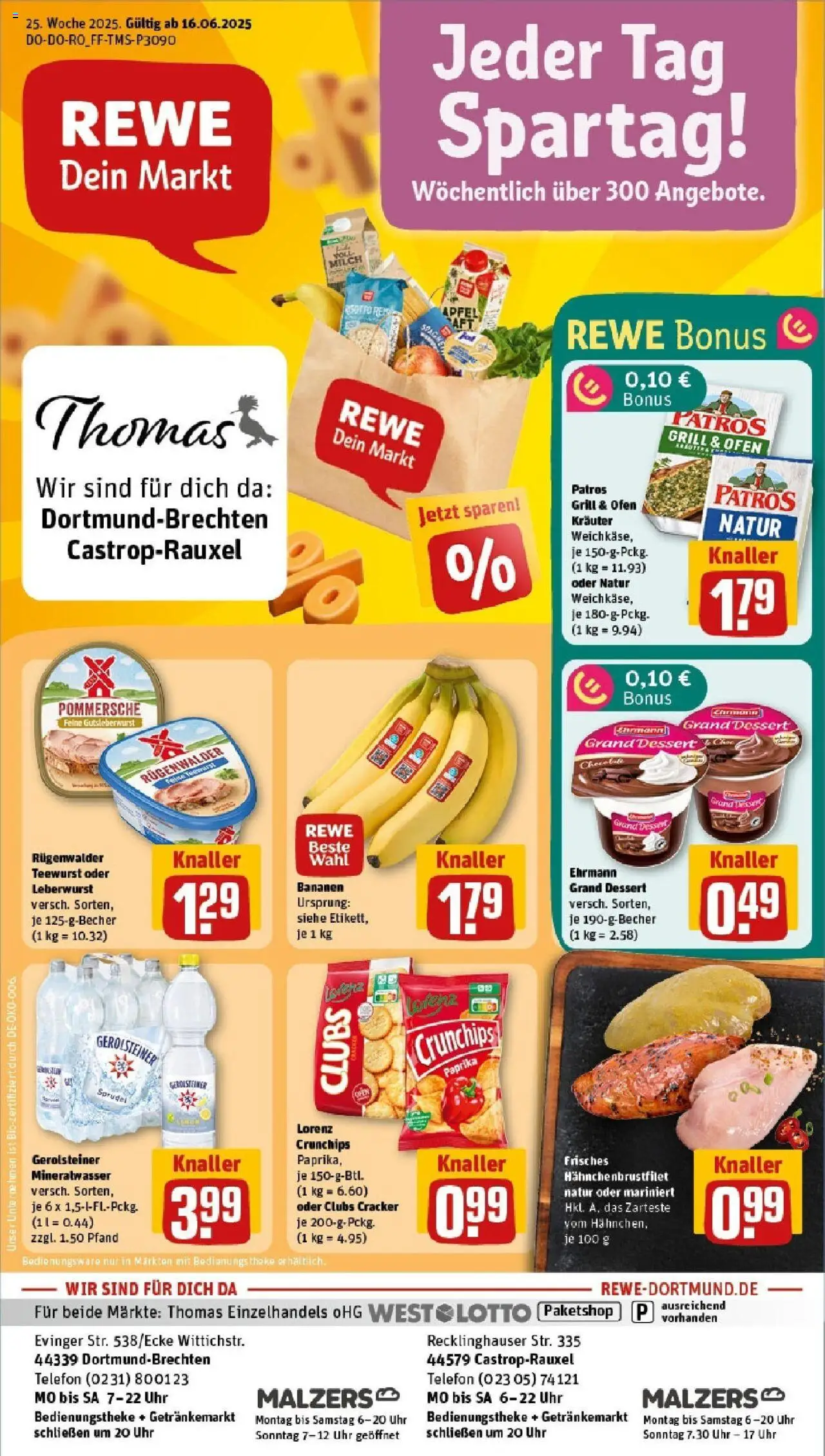 Rewe prospekt Dortmund / Brechten	 - gültig ab dem 15.06.2025 | Seite: 2 | Produkte: Ehrmann grand dessert, Bananen, Lorenz crunchips, Uhr