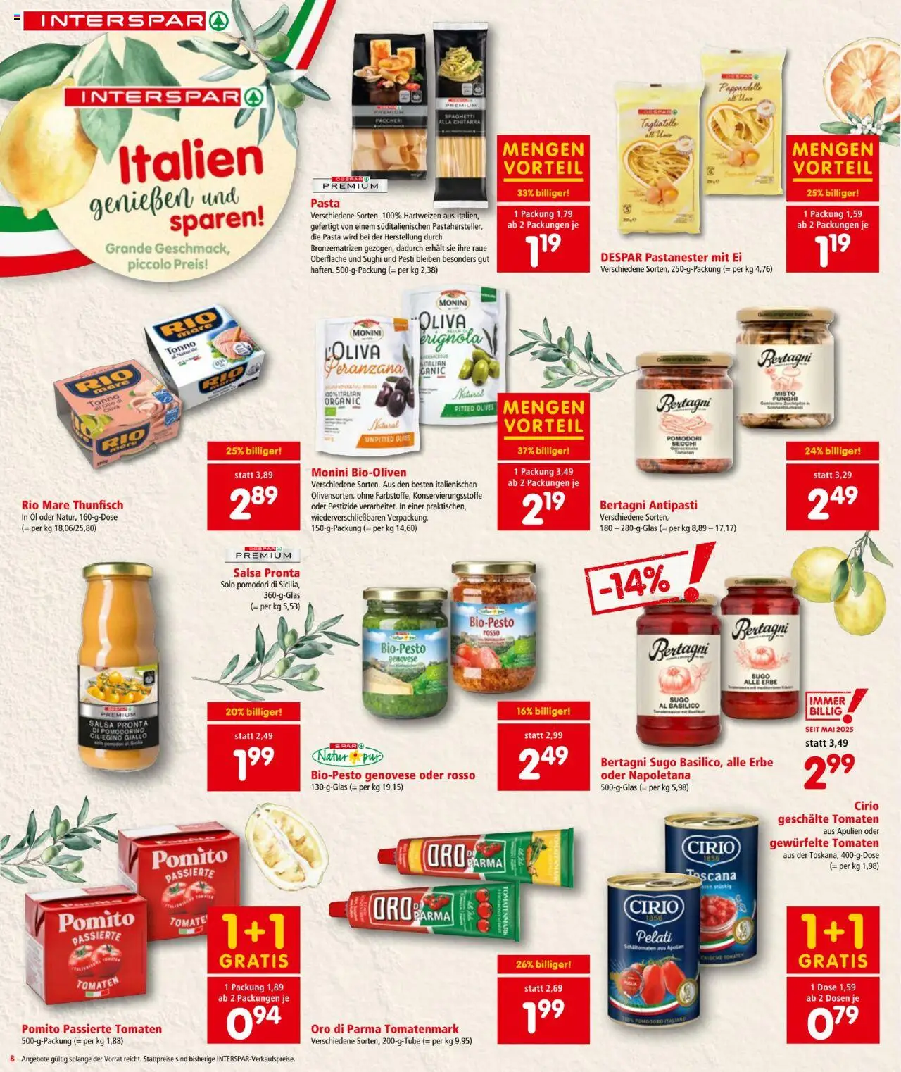 Interspar Flugblatt gültig ab 31.07.2025 | Seite: 8 | Produkte: Pasta, Hajdina liszt, Öl, Tomaten
