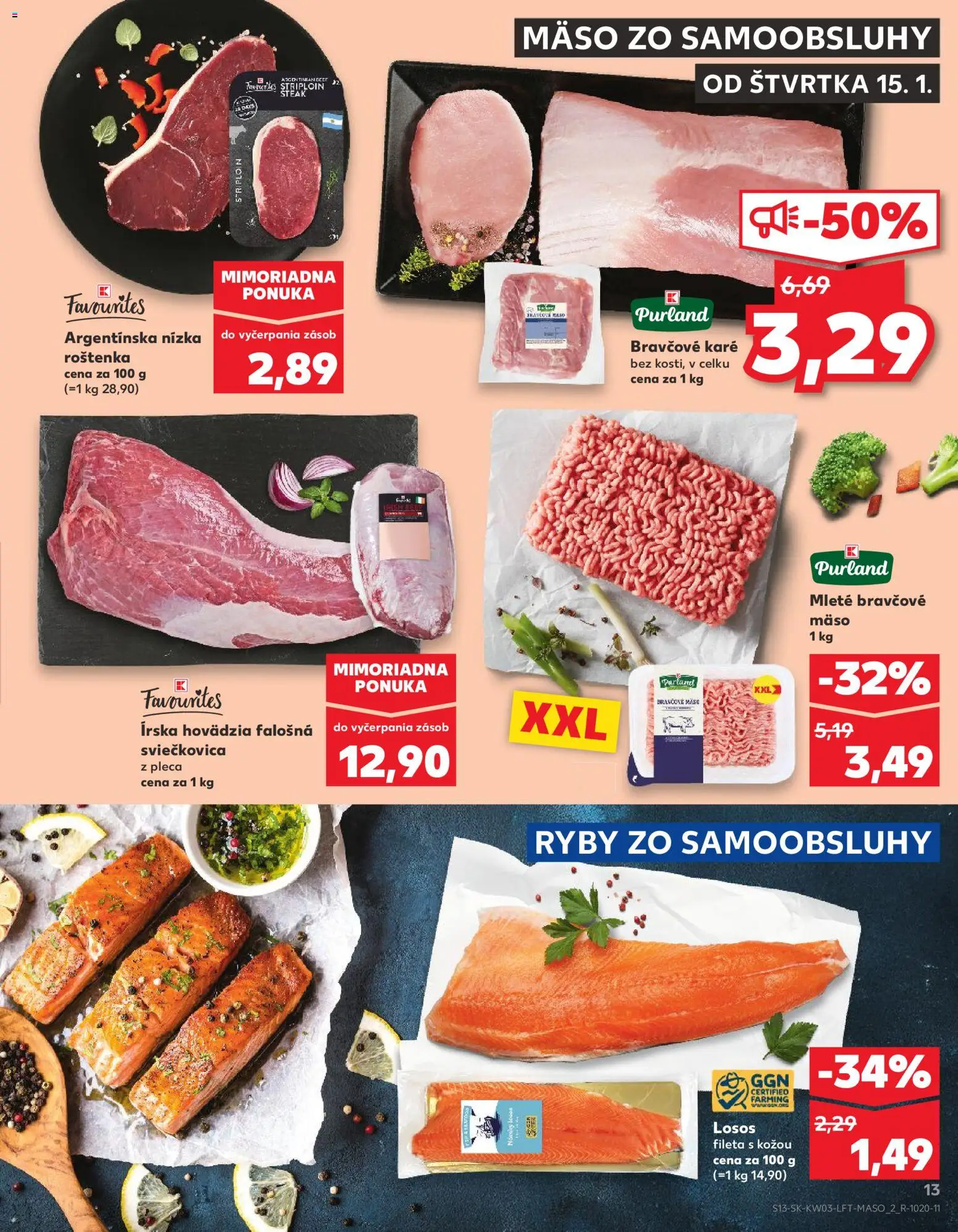 Nové Kaufland akcie – leták je platný od 15.01.2026 | Strana: 13 | Produkty: Ryby, Losos, Bravčové mäso, Bravčové karé