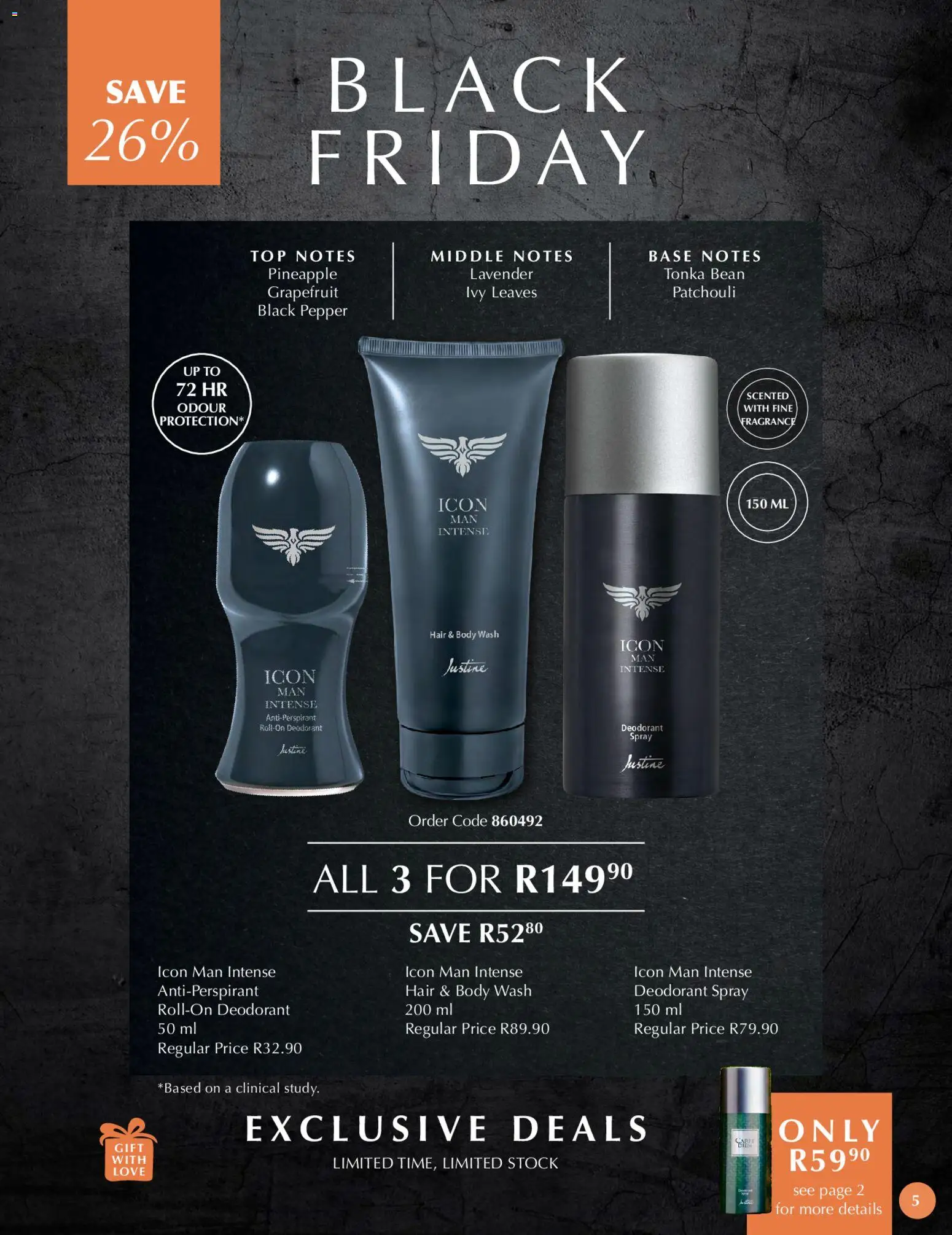 New Justine catalogue – valid from 21.11.2025 | Page: 5 | Products: Fragrance, Stock, Antiperspirant, Body wash