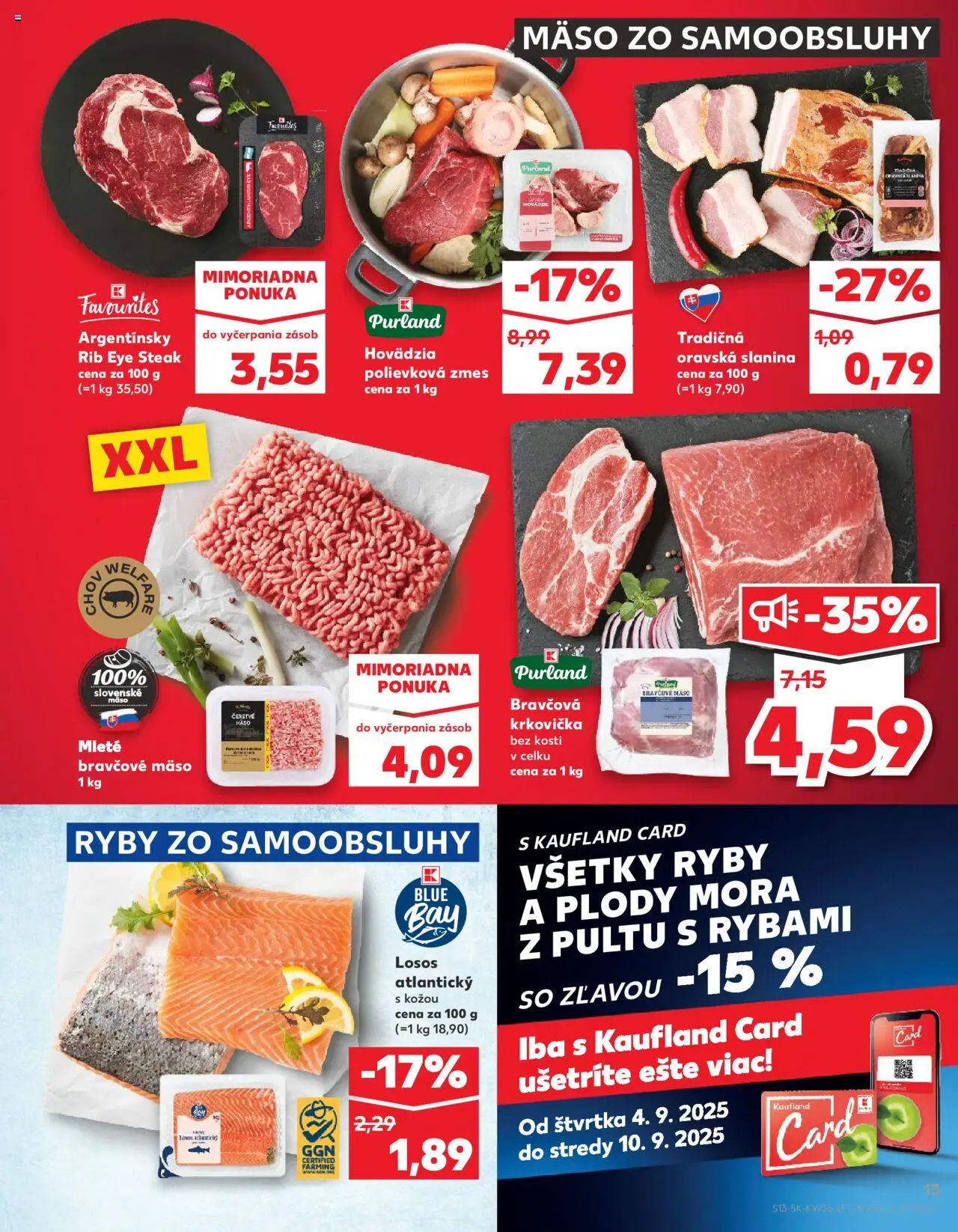 Nové Kaufland akcie – leták je platný od 04.09.2025 | Strana: 13 | Produkty: Bravčová krkovička, Losos, Krkovička, Steak