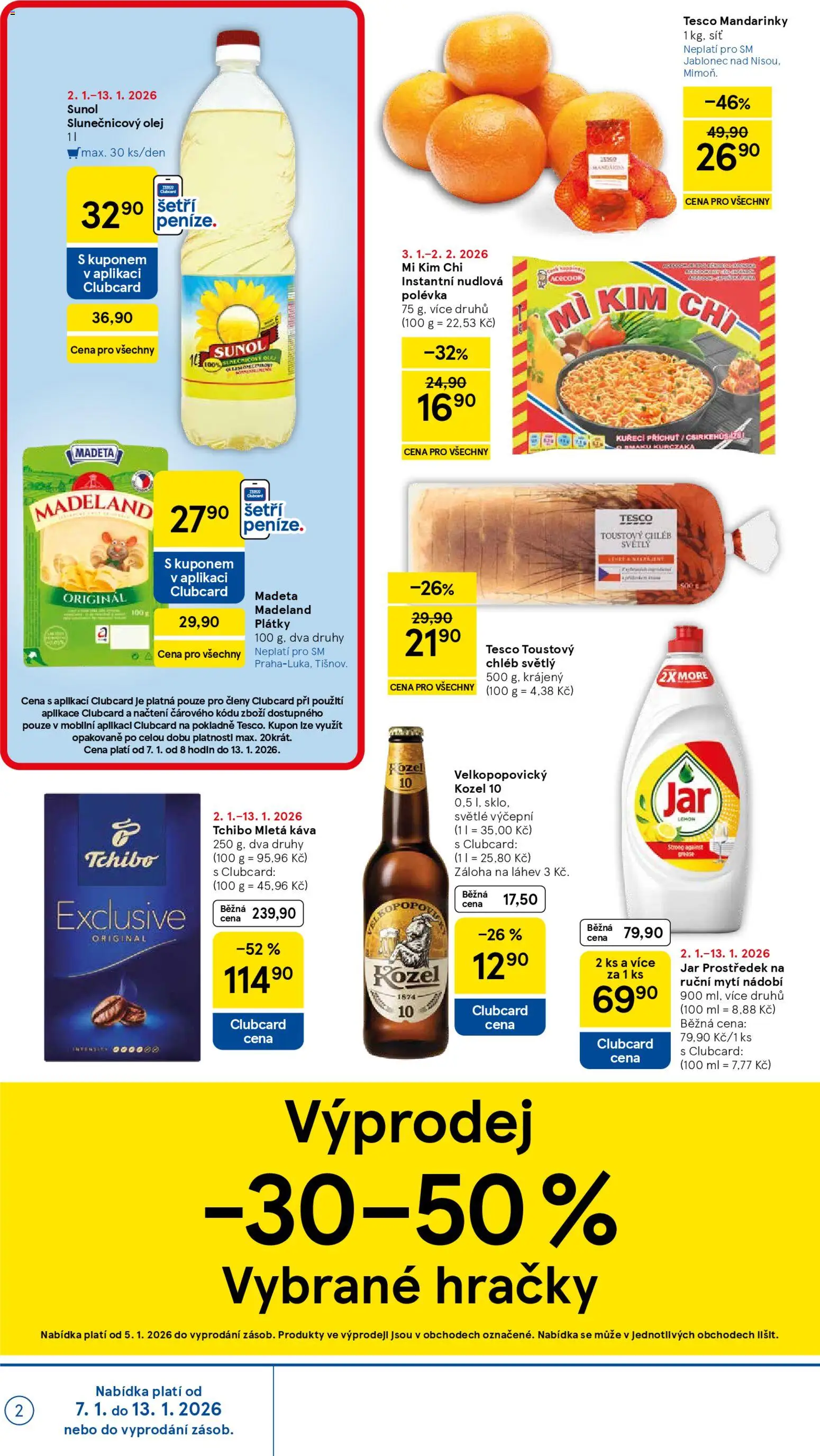 Tesco leták - Supermarket od 07.01.2026 | Strana: 2 | Produkty: Velkopopovický Kozel, Slunečnicový olej, Mletá káva, Jar