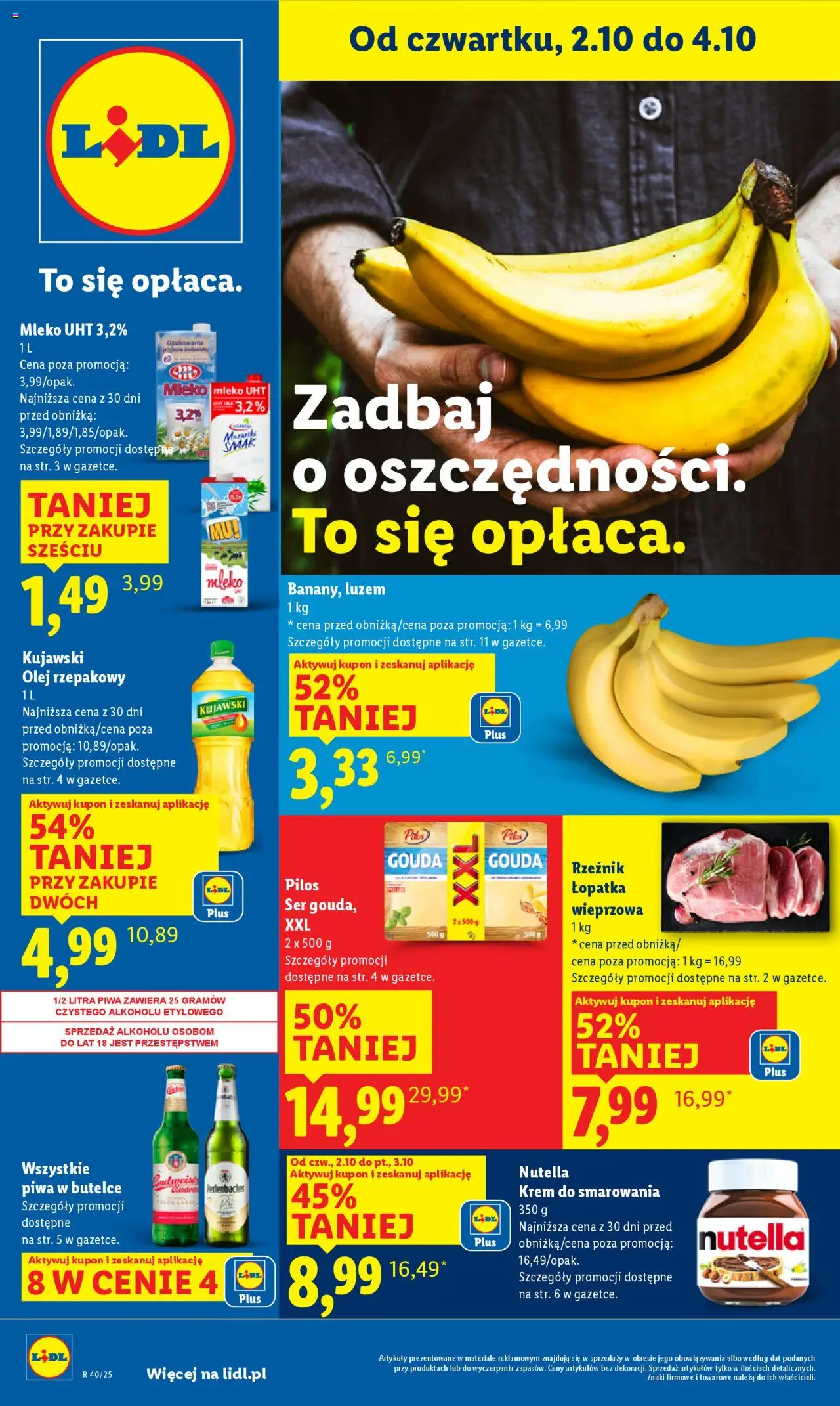 Lidl Gazetka od 02.10.2025 | Strona: 1 | Produkty: Nutella, Łopatka wieprzowa, Mleko, Olej