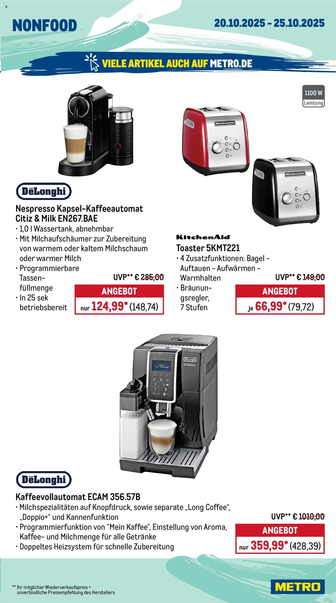 Metro Prospekt 	 – gültig ab 20.10.2025 | Seite: 21 | Produkte: Toaster, Milch, Kaffee, Kaffeevollautomat