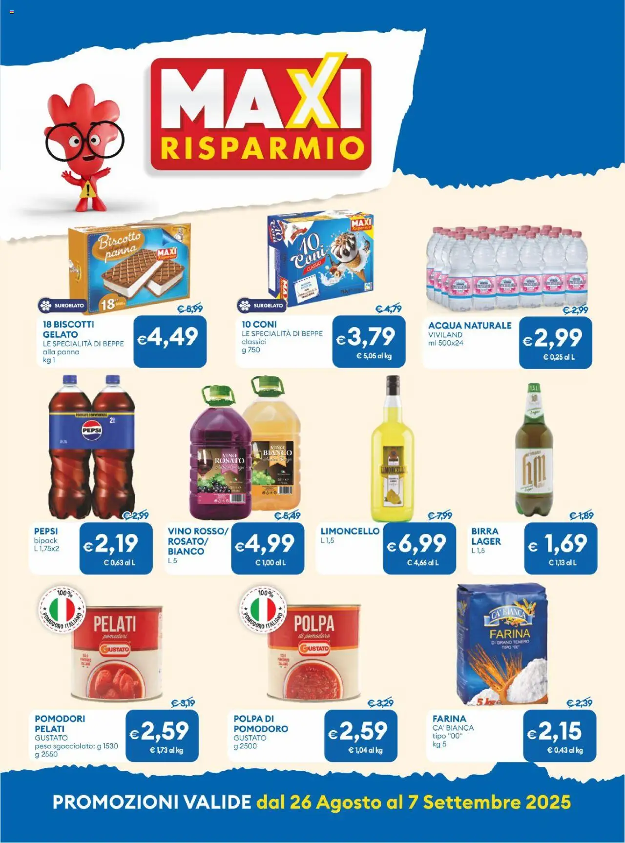 Volantino MD Discount del 26.08.2025 | Pagina: 4 | Prodotti: Biscotti, Acqua, Pomodoro, Vino rosso
