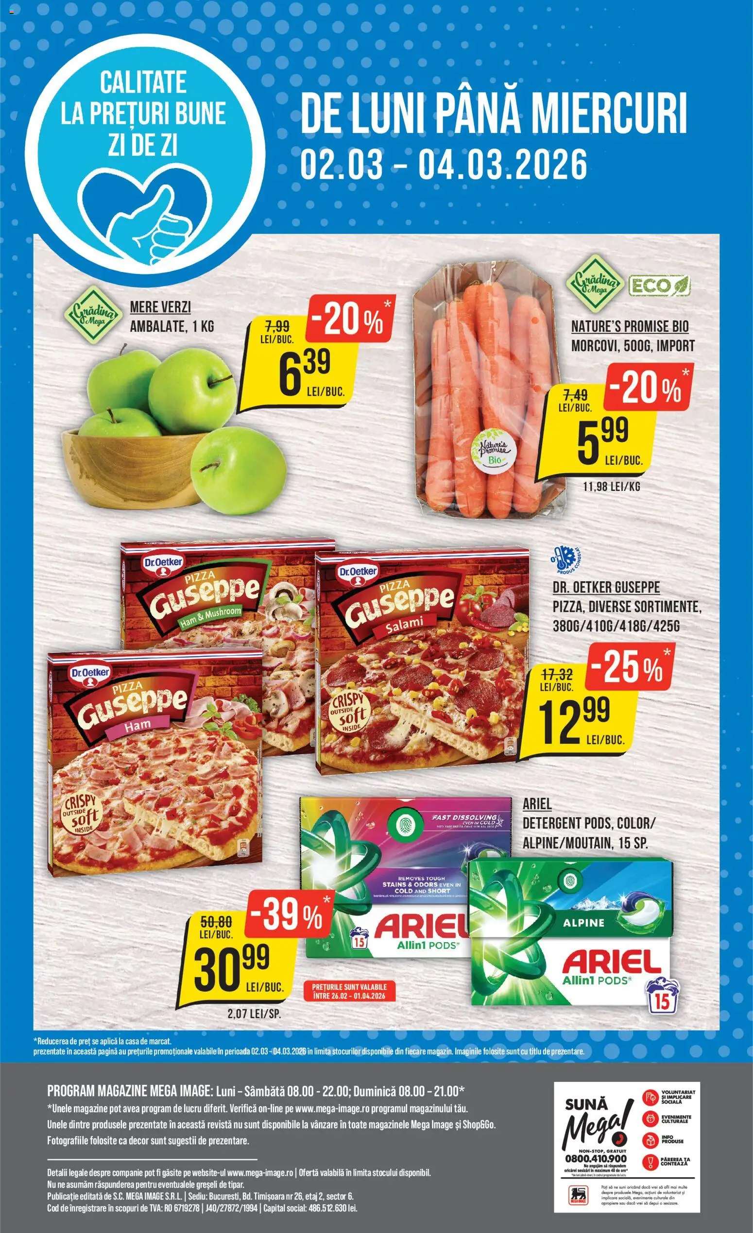 Noul catalog Mega Image – valabil de la 26.02.2026 | Pagină: 24 | Produse: Şerit ödül, Pizza, Mere, Detergent