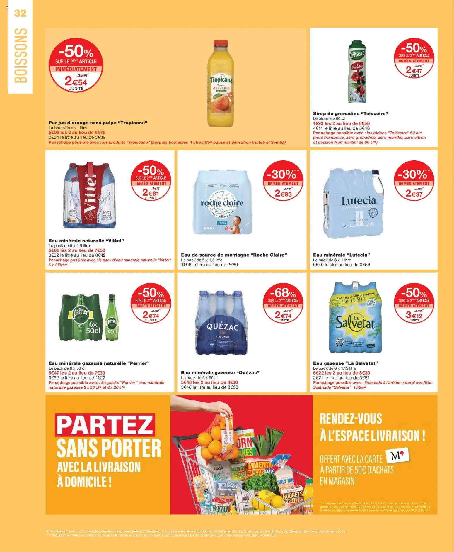 {H1} | Page: 32 | Produits: Jus d'orange, Eau minerale naturelle Vittel, Jus, Thé