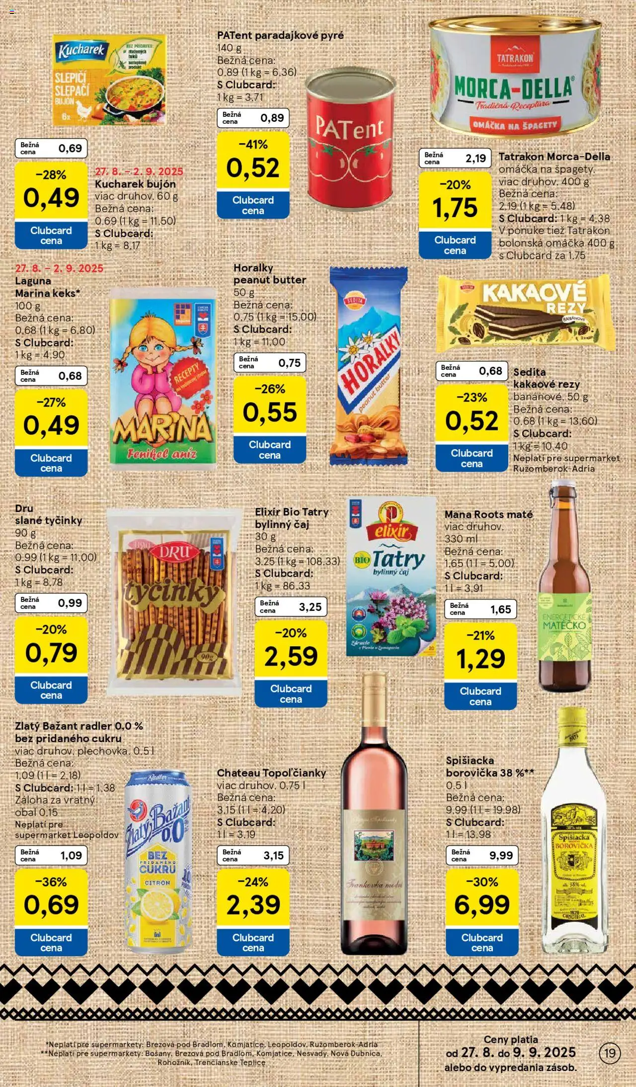 Tesco Supermarket - leták │ platný od 27.08.2025 | Strana: 19 | Produkty: Čaj, Borovička, Zlatý Bažant, Horálky