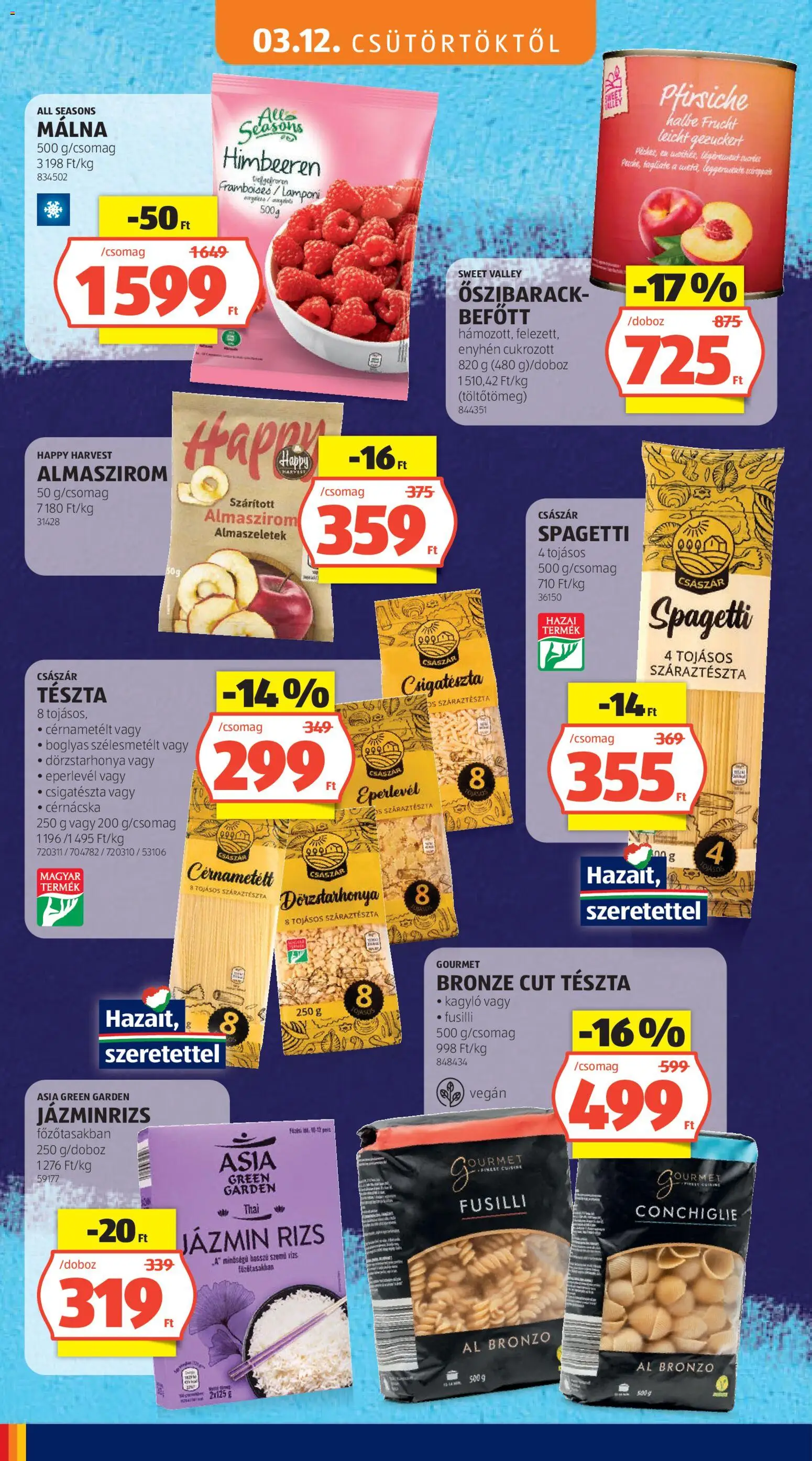 Aldi akciós ujság - amely érvényes a következő dátumtól: 12.03.2026 | Oldal: 12 | Termékek: Málna, Spagetti, Jázmin rizs, Száraztészta