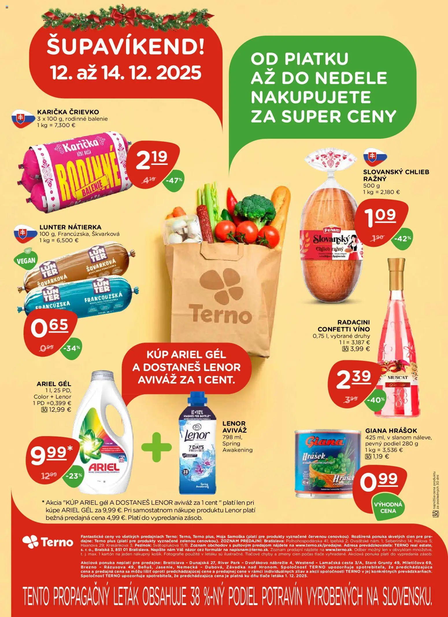 Nové Terno akcie – leták je platný od 11.12.2025 | Strana: 22 | Produkty: Chlieb, Víno, Aviváž, Ariel