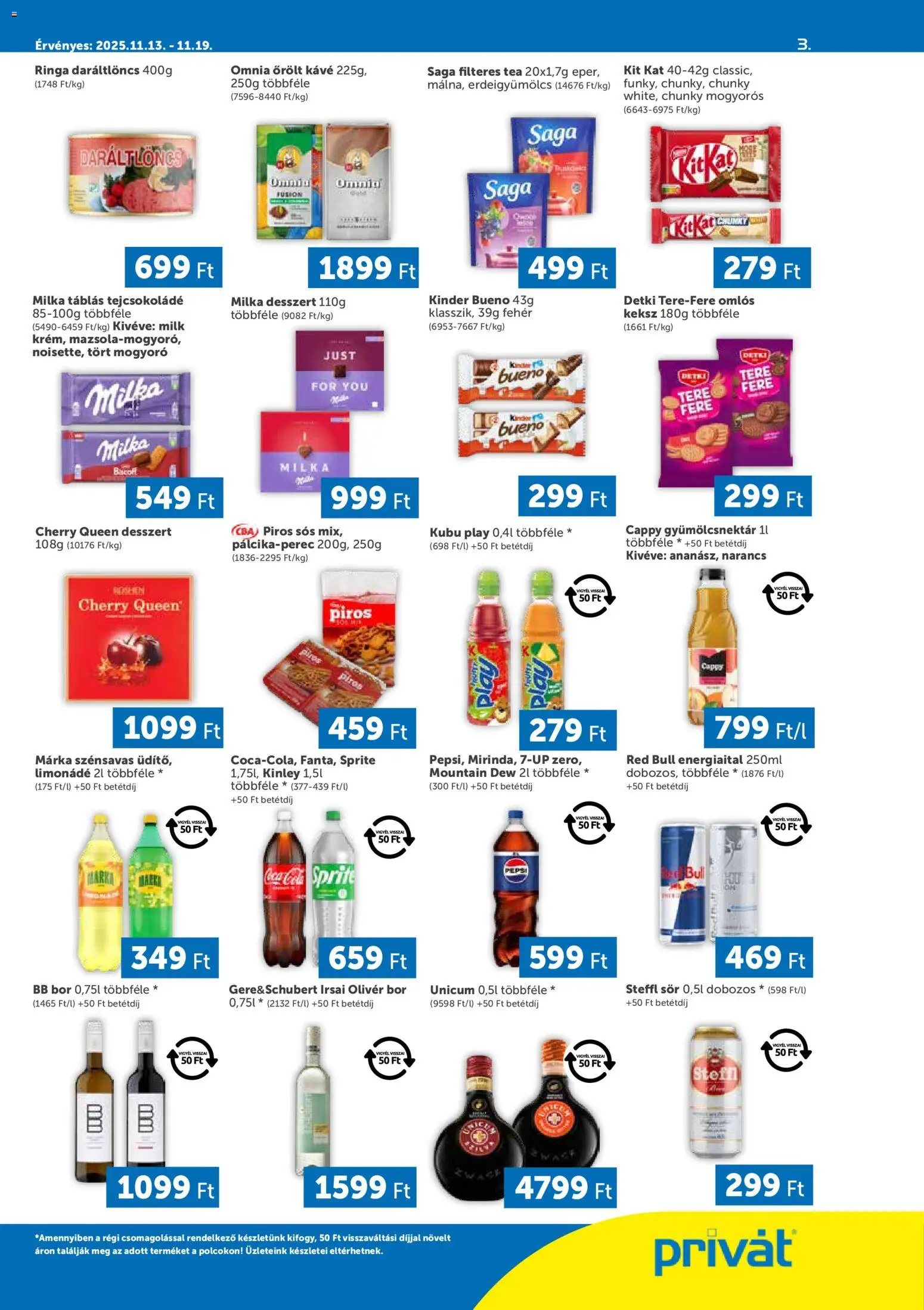 PRIVÁT akciós ujság - amely érvényes a következő dátumtól: 13.11.2025 | Oldal: 3 | Termékek: Gyümölcsnektár, Tejcsokoládé, Bor, Narancs