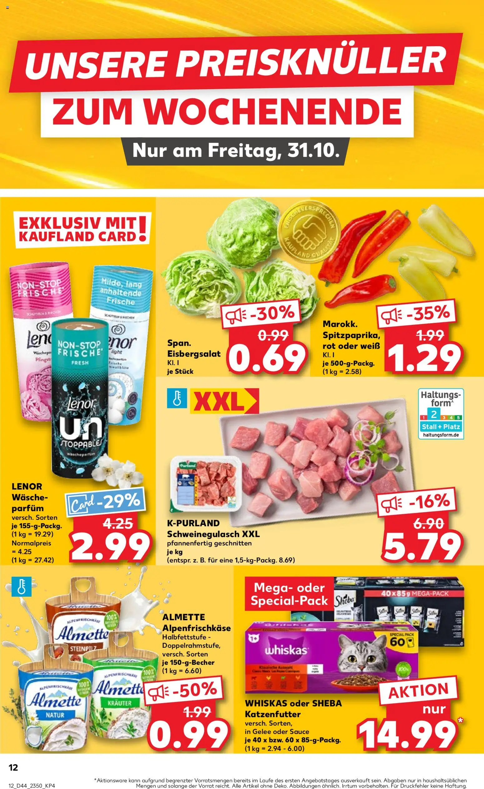 Kaufland prospekt Völklingen	 – gültig ab 30.10.2025 | Seite: 12 | Produkte: Schweinegulasch, Lenor, Katzenfutter, Eisbergsalat