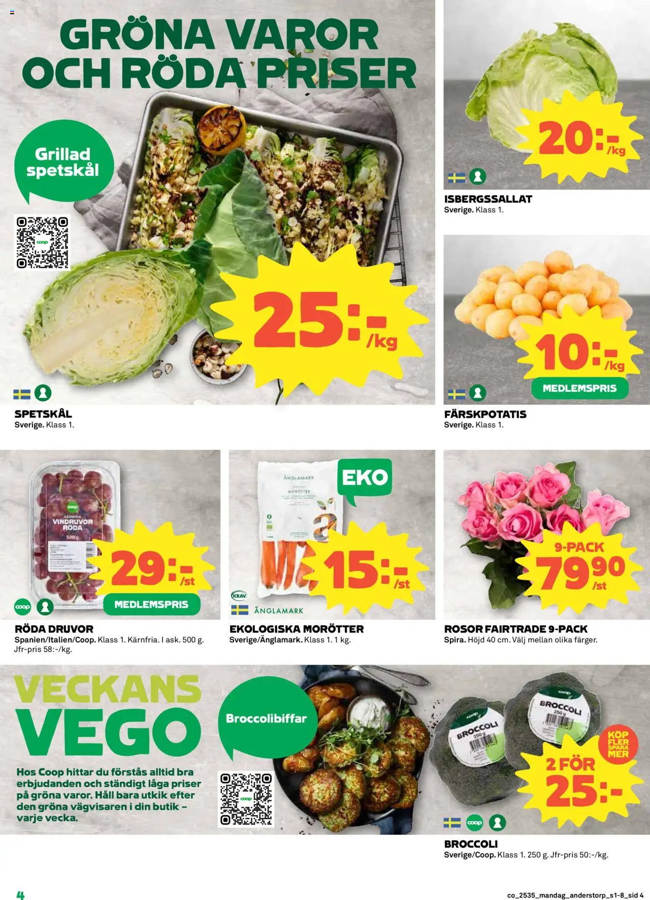 Coop reklamblad aktuell från 25.08.2025 | Sida: 4 | Produkter: Färskpotatis, Vindruvor, Broccoli, Häll