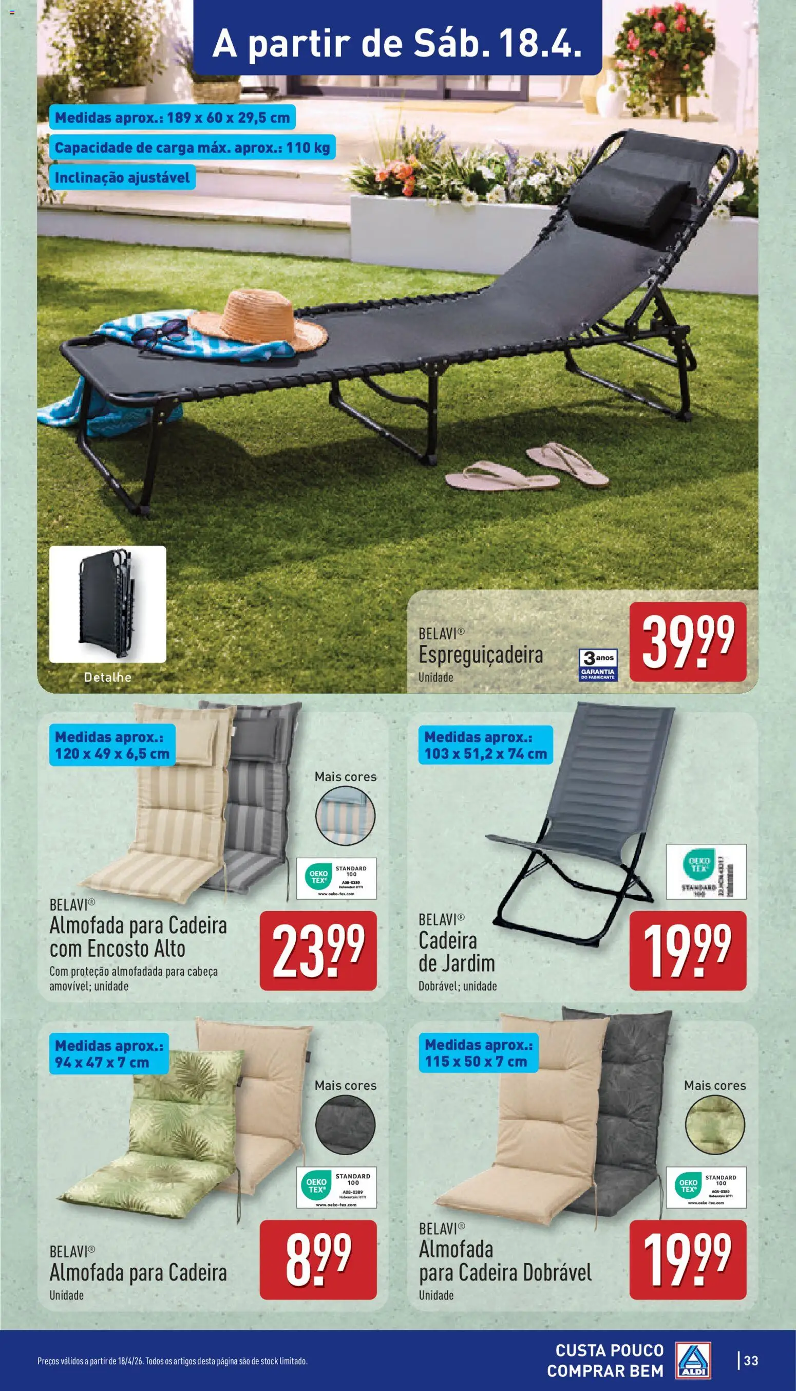 Aldi folheto │ válido de 13.04.2026 | Página: 33 | Produtos: Almofada, Espreguiçadeira, Cadeira