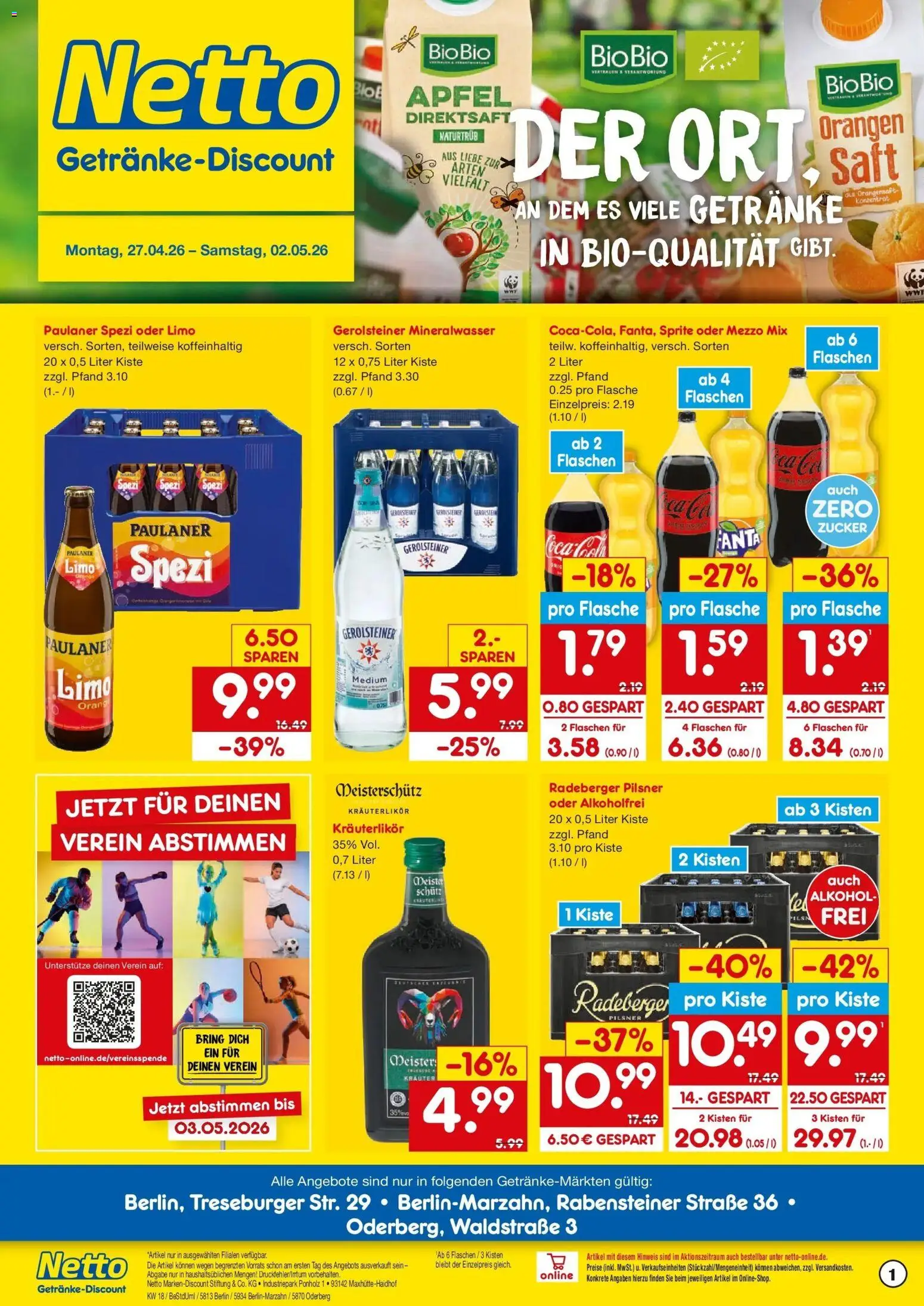 Netto Marken-Discount Prospekt Berlin-Marzahn	 – gültig ab 27.04.2026 | Seite: 1 | Produkte: Fanta, Äpfel, Zucker, Oder mezzo mix