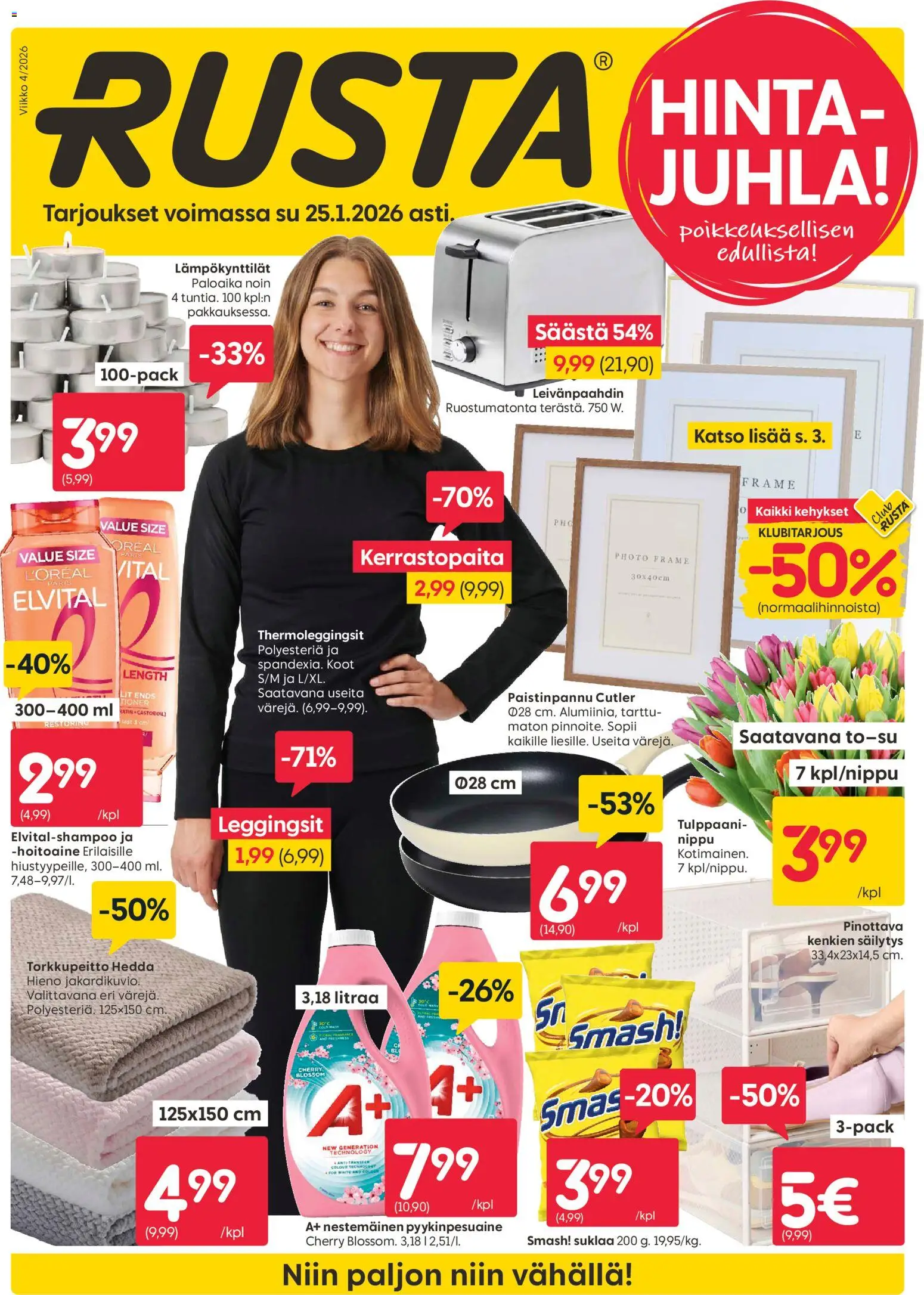 Rusta tarjoukset – voimassa 19.01.2026 alkaen | Sivu: 1 | Tuotteet: Hoitoaine, Paistinpannu, Leggingsit, Suklaa