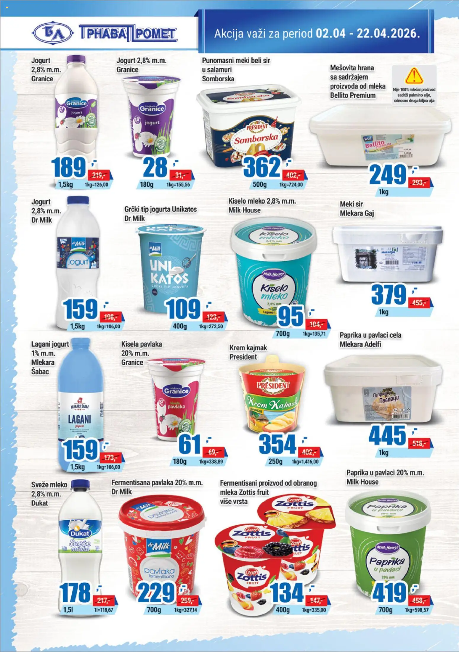 Trnava Promet katalog - važi od 02.04.2026 | Strana: 6 | Proizvode: Kisela pavlaka, Mleko, Jogurt, Kajmak