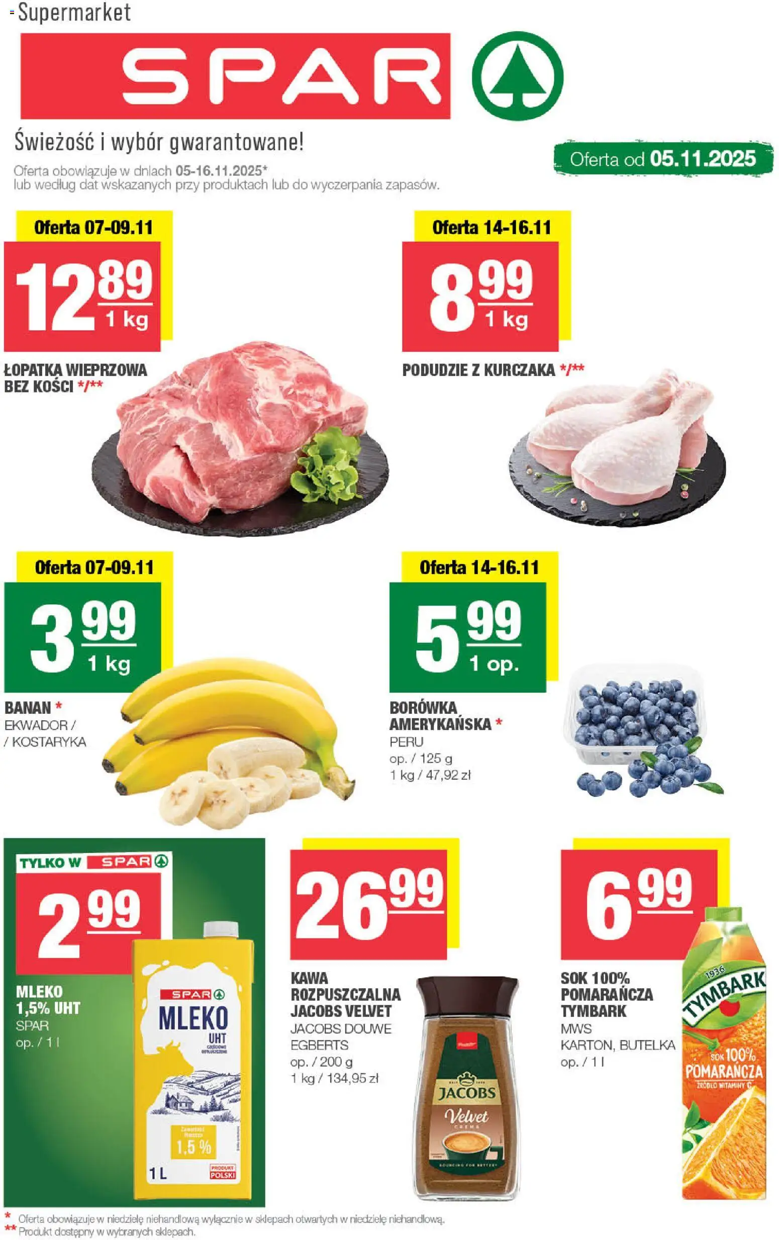 Spar Gazetka od 05.11.2025 | Strona: 1 | Produkty: Łopatka wieprzowa, Kawa, Sok, Banan