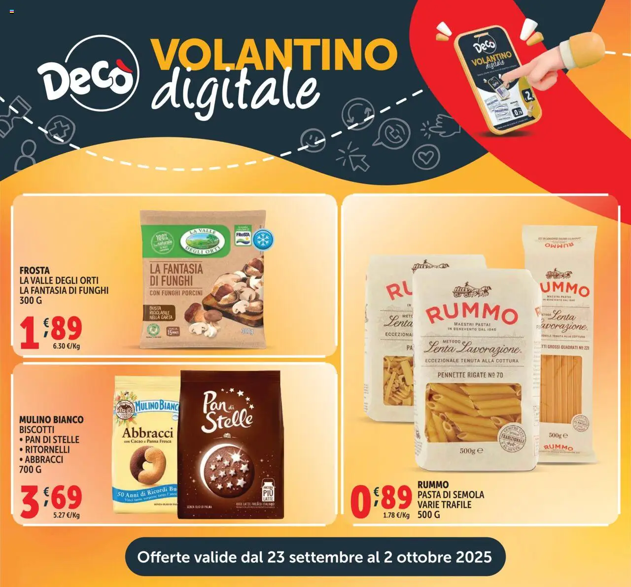 Volantino Decò del 23.09.2025 | Pagina: 21 | Prodotti: Biscotti, Latte, Funghi, Pennette