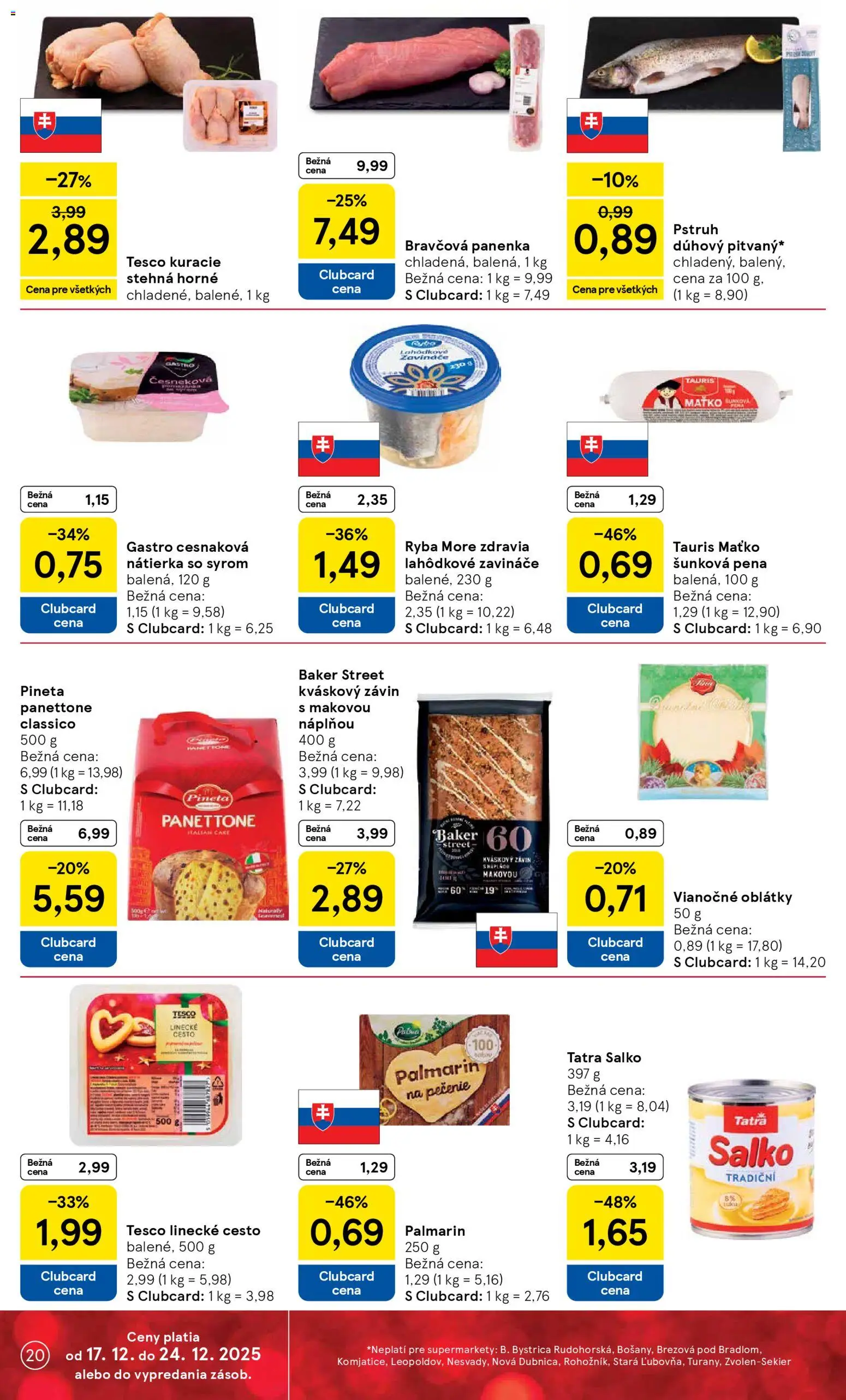 Nové Tesco akcie – leták je platný od 17.12.2025 | Strana: 20 | Produkty: Pstruh, Salko, Kuracie stehná, Ryba