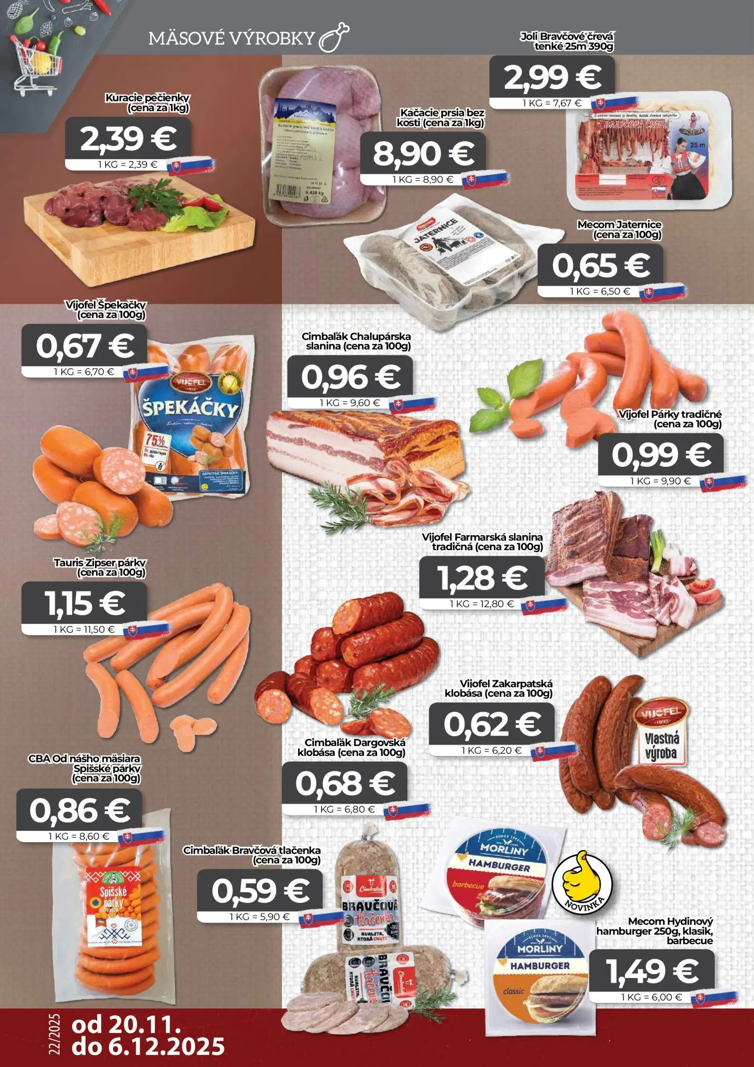 Nové CBA Komfos akcie – leták je platný od 20.11.2025 | Strana: 2 | Produkty: Kačacie prsia, Slanina, Klobása, Párky