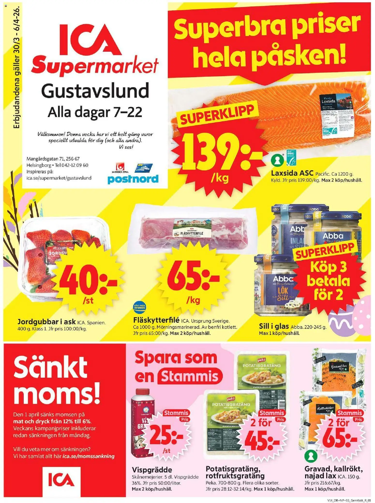 ICA Supermarket reklamblad aktuell från 30.03.2026 | Sida: 1 | Produkter: Fläskytterfilé, Lax, Spel, Vispgrädde