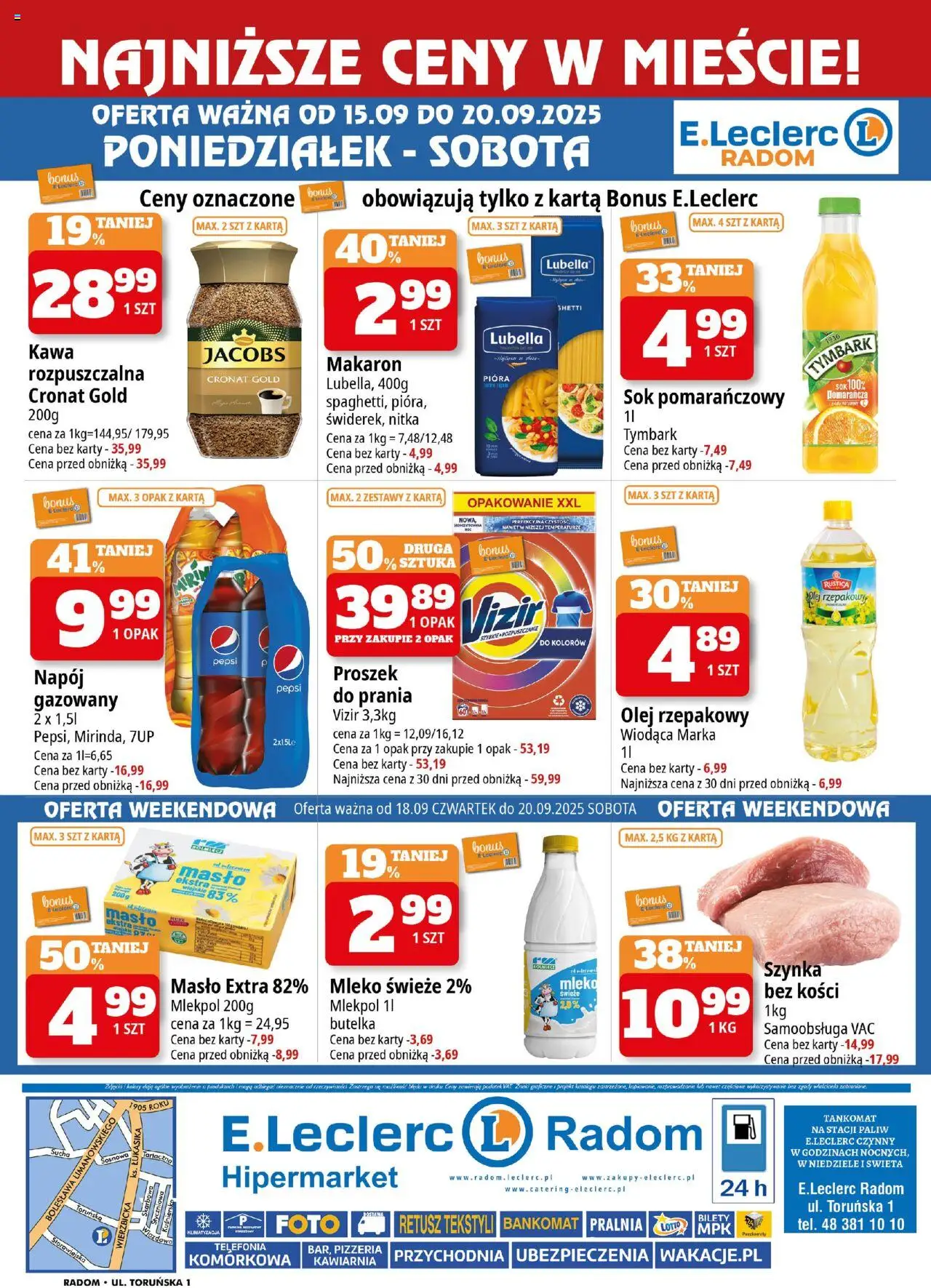 E.Leclerc Gazetka - Radom od 15.09.2025 | Strona: 4 | Produkty: Sok pomarańczowy, Mleko, Kawa, Makaron