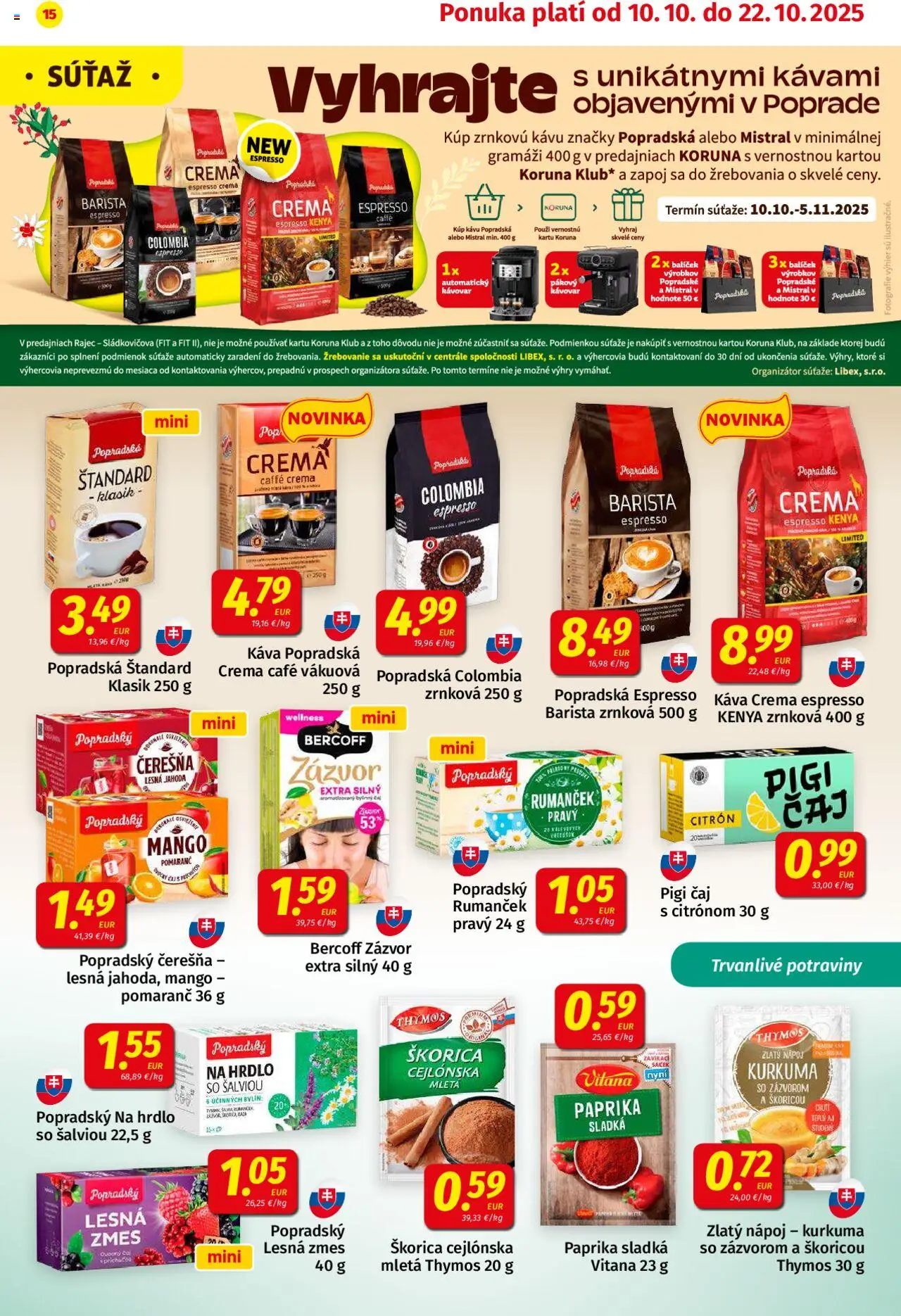 Nové Koruna akcie – leták je platný od 10.10.2025 | Strana: 15 | Produkty: Kávovar, Paprika, Rajec, Mango