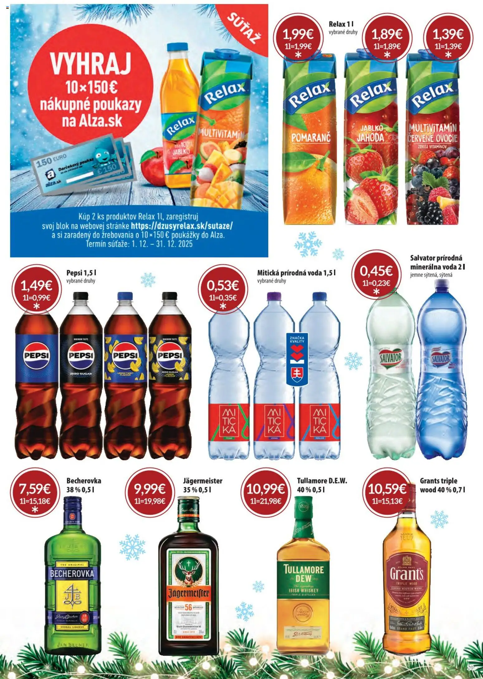 Nové Sintra akcie – leták je platný od 01.12.2025 | Strana: 20 | Produkty: Becherovka, Pepsi, Mitická, Ovocie