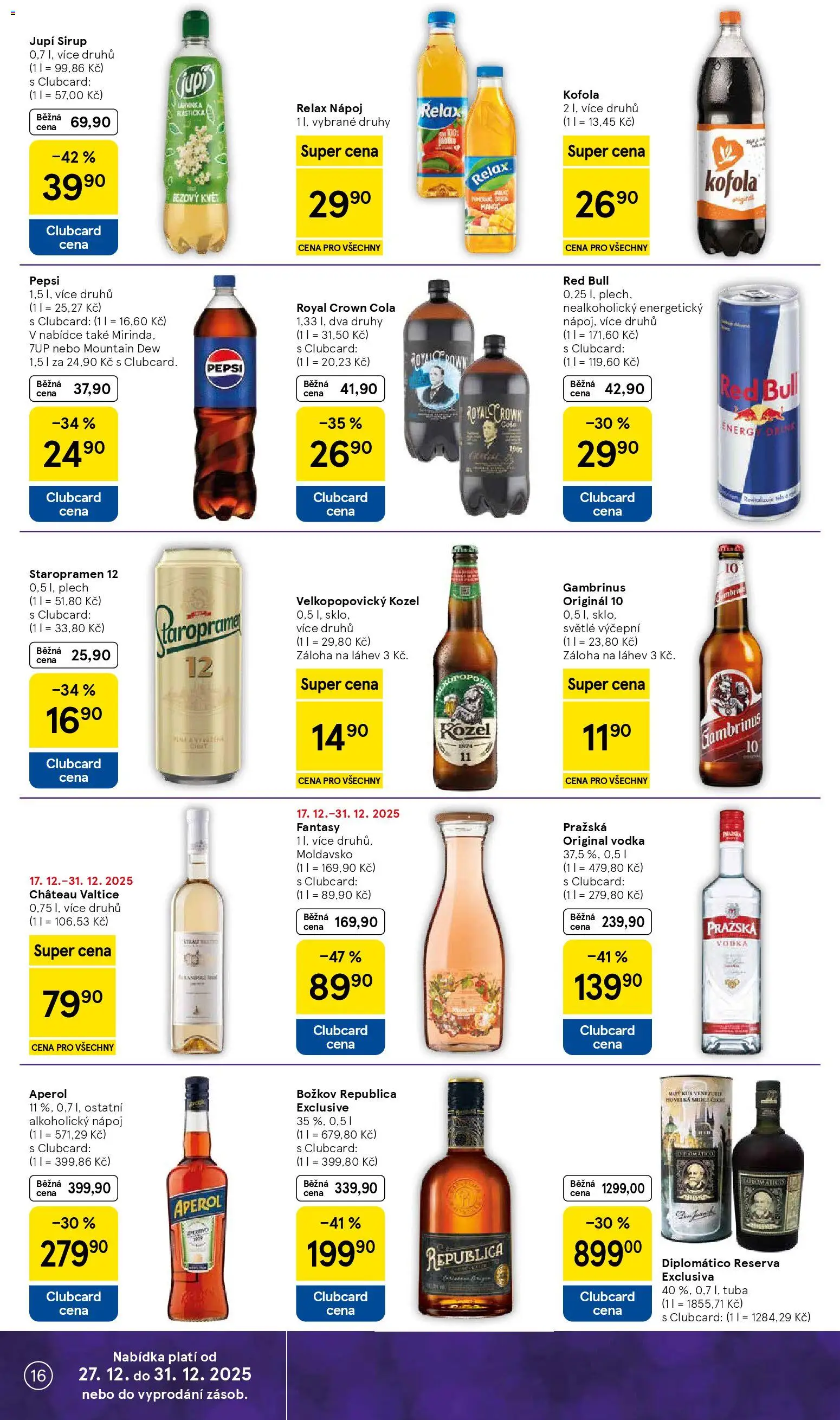 Tesco leták - Hypermarket od 27.12.2025 | Strana: 16 | Produkty: Staropramen 12, Sirup, Red Bull, Gambrinus