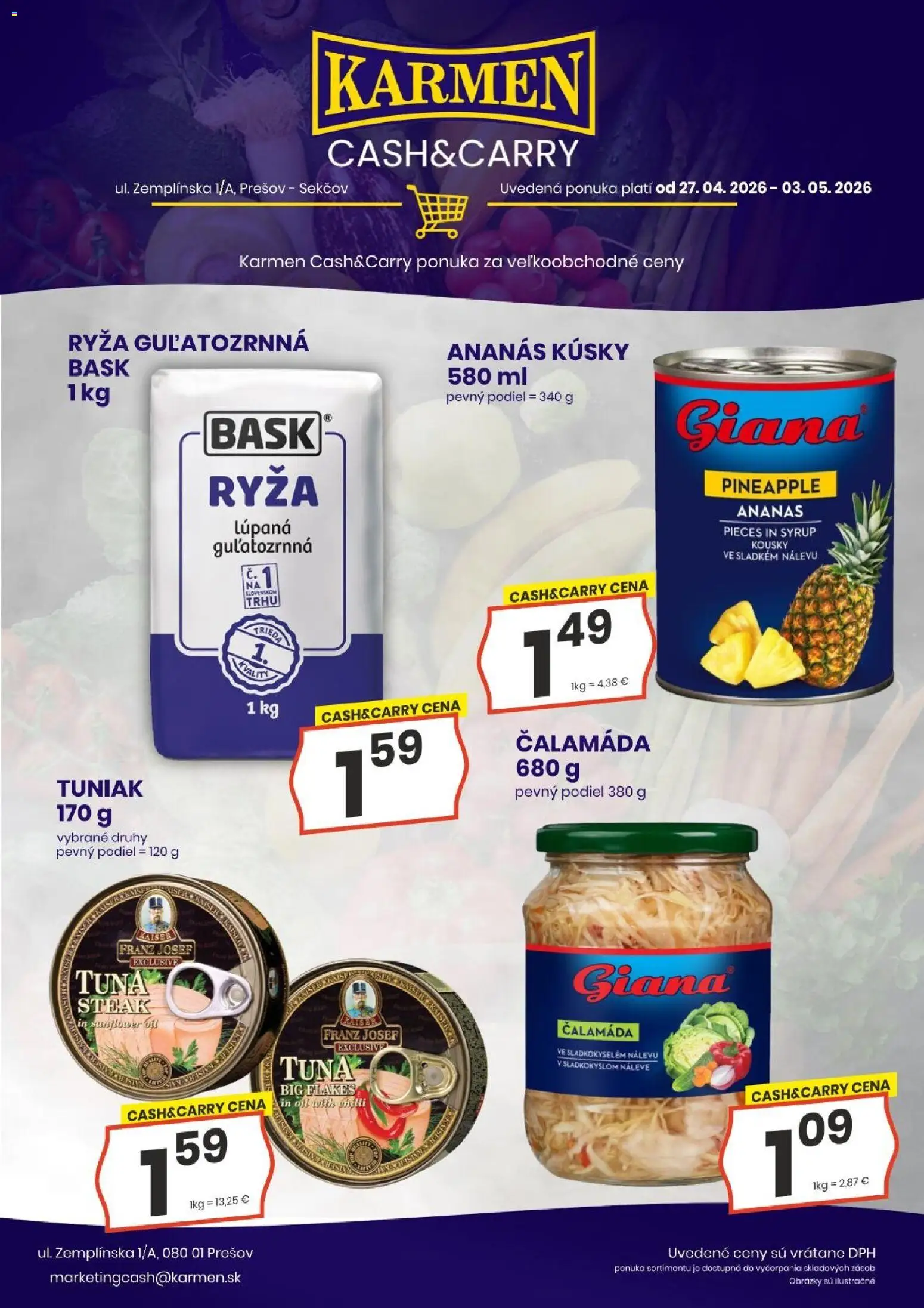 Nové KARMEN CBA akcie – leták je platný od 27.04.2026 | Strana: 8 | Produkty: Tuniak, Ryža, Ananás, Steak