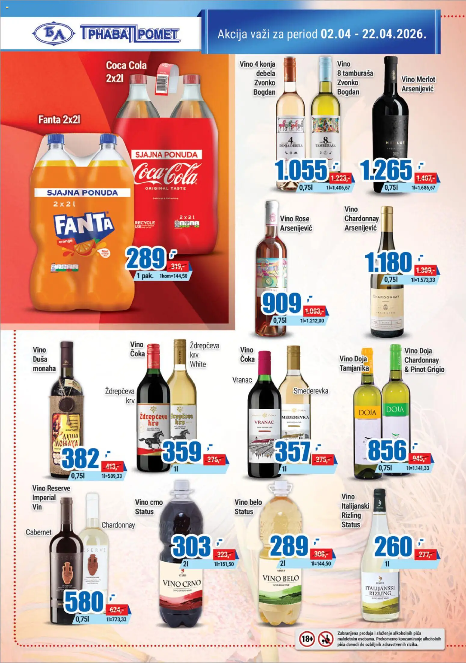 Trnava Promet katalog - važi od 02.04.2026 | Strana: 20 | Proizvode: Coca Cola, Chardonnay, Vranac, Vino